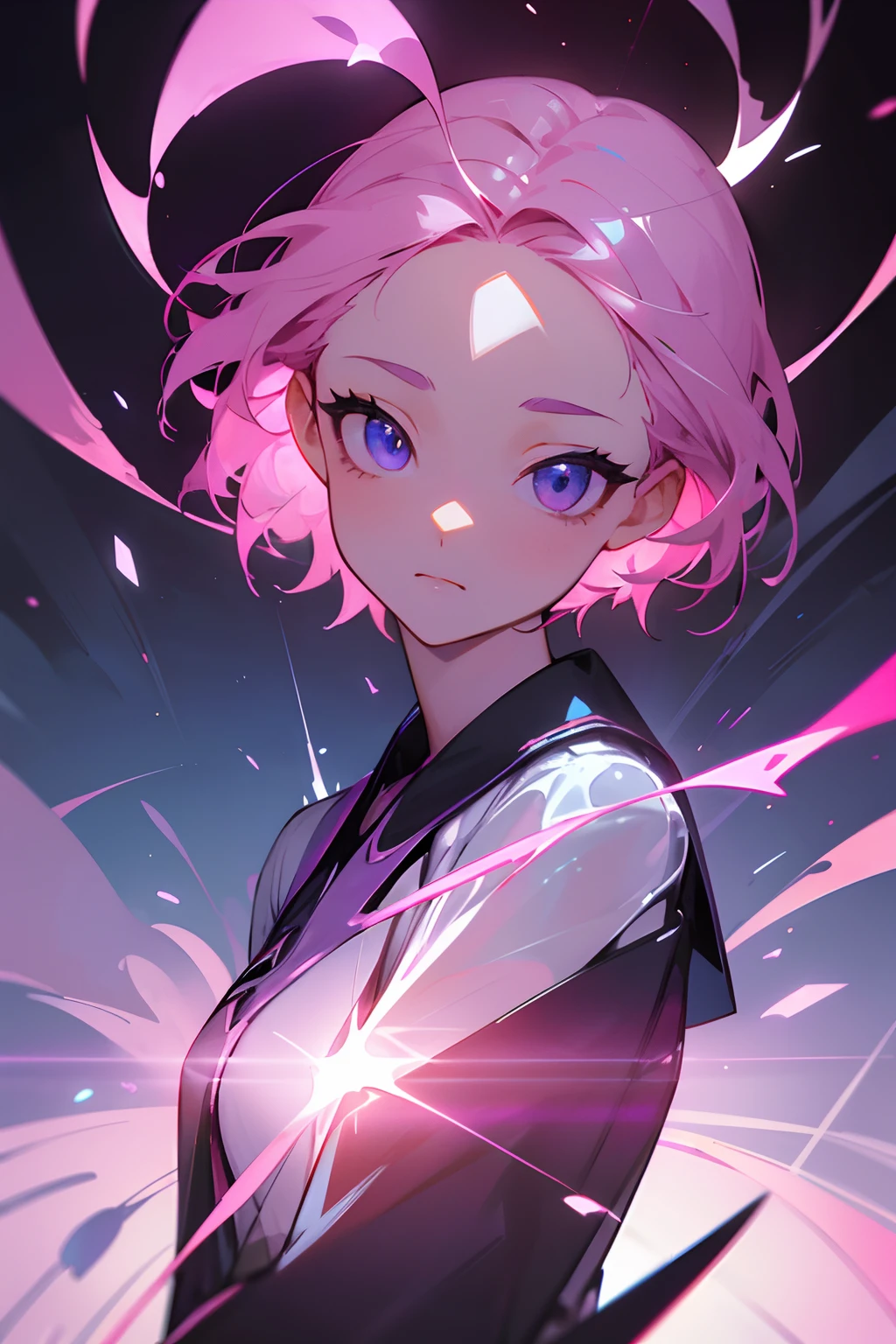 (Master parts, Best quality, hyper-detailing, Best shade), (white backgrounid), (beautiful face detail), hight contrast, (best illuminate, Extremely Delicately Beautiful), (Cinematic light)), vivd colour, Hippel de Tal Hamento, intricately details, Standing painting (1 girl, soio, forehead, A pink-haired, Sharp face, Short hair, Long fluorescent coating (brokenglass), Workwear, Redness of the eyes, hair between eye), The light swirls around the character, Purple light particles, Magical Circle, cyber punk style