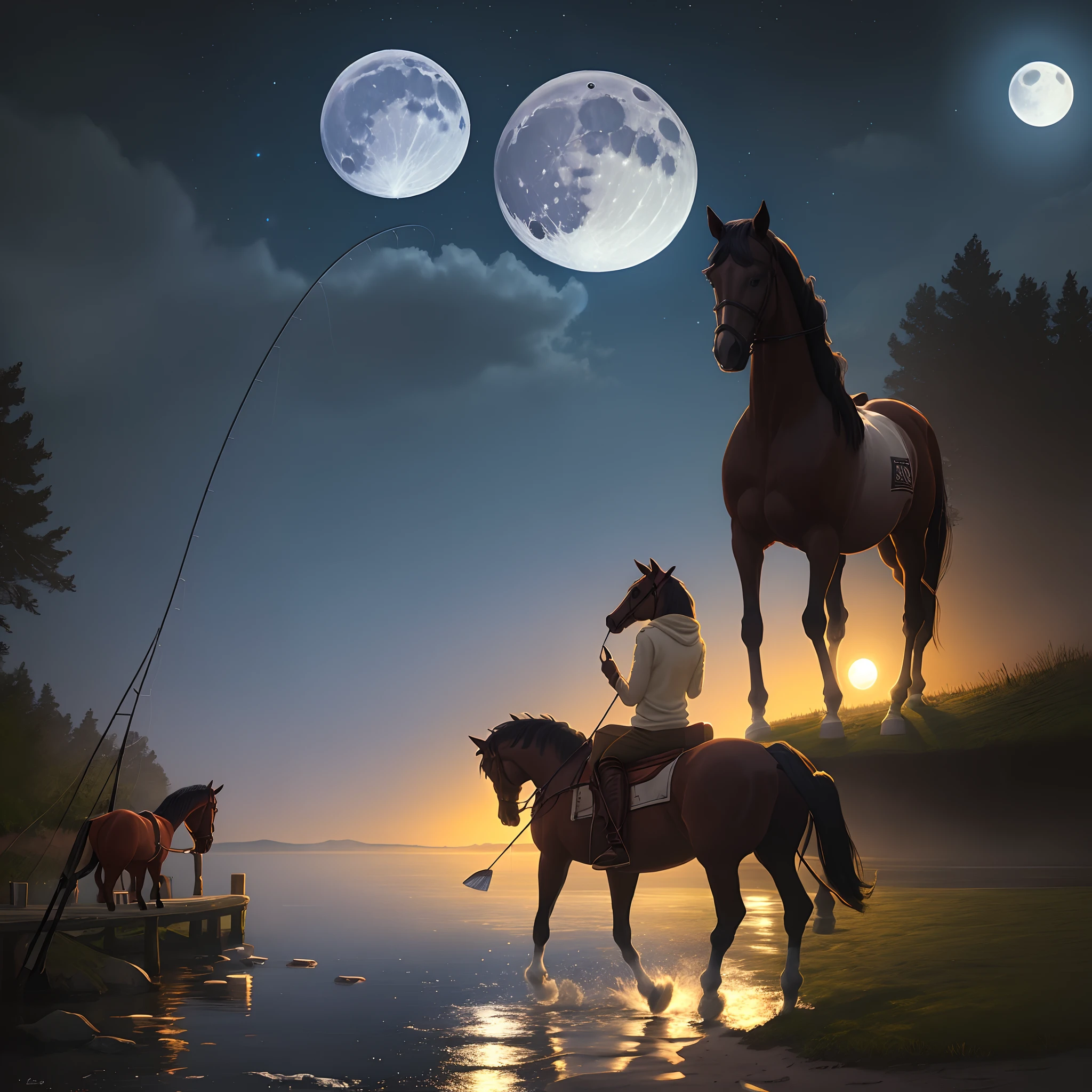 Horses Fishing Moon Night