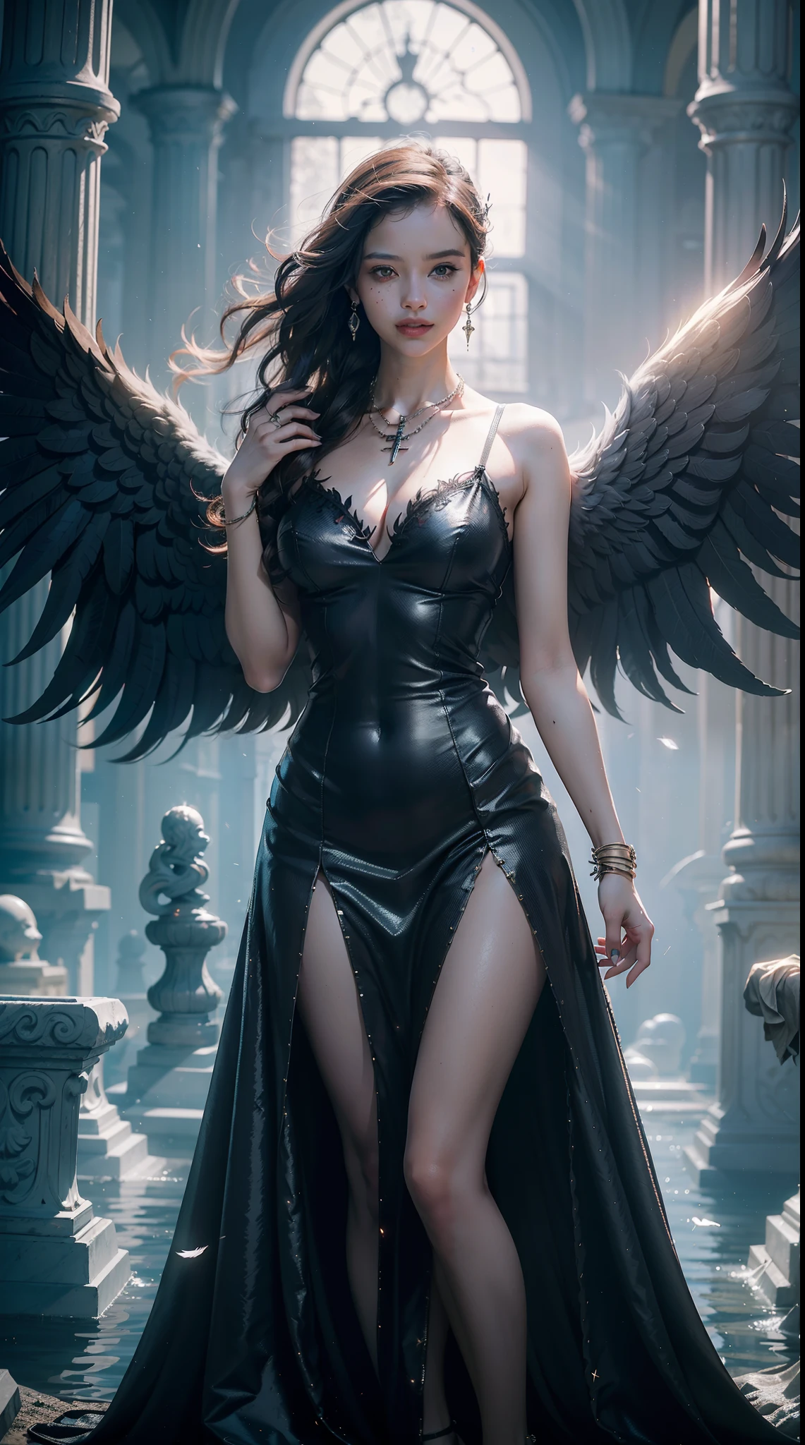 (Numerous award-winning masterpieces, with incredible detail, Maximum textures and details), (hyper realistic:1.4), (Realista:1.3), (Imagem corporal inteira:1.7), (Partee superior do corpo para cima:0.3), (melhor qualidade de pele textura real), (finely detailed true circle eyes), (Finamente detalhado e bonito rosto:1.4), (Aesthetic and decadent image:1.5), ((mundo medieval)), (Segadeira:1.4), (Olhar gelado nos olhos), (She has a nasty smile on her face, But your eyes don't smile.:1.3), (He has a soul-harvesting scythe in his hand:1.5), (Um saco contendo almas colhidas com um leve brilho:1.5), (Olhos que brilham vermelhos no escuro), (dramatic light), altar, (A majestic spectacle), (Magic Circle of Disturbing Glow:1.3), Her face is soft and beautiful, mas de alguma forma aterrorizante, (Large wings with tattered black feathers behind the shoulders:1.3), (Imagem corporal inteira:1.7), (Wears a dark black hooded dress with intricate patterns:1.2), Asas dobradas, Earrings with skull pattern, (Rastreamento do Ceifador de Esqueleto: 1.3), (((dramatic photo))), (Twilight), (ocaso), (Twilight), ((dramatic pose)), (Foto Flamboyant), (cabelos dourados), (cabelos prateados), (cabelo castanho), ((procura para cima)), ((Olhe para baixo)), (Imagem corporal inteira:1.7), (Around her neck is a simple necklace of exquisite finish.), Sepultura esquecida, Great Tomb, Underground Labyrinth, Ruins of the Temple of Evil, Temple of Sacrifice, Misteriosamente, Ruins of the Old Castle, deserted cemetery ruins, Ancient tomb collapsed, Ancient ruins of still water, Swampy ruins, Majestic cloud masses and bright skies, Clareamento, epic realistic, desbotado, arte, (Greg Rutkowski:0.8), (Teal & Laranja:0.4), (Artee Station:1.5), cinemactic, ((Cores neutras)), (HDR:1.5), (cores silenciadas:1.2), hiper detalhado, dramatic light, (Detalhes co