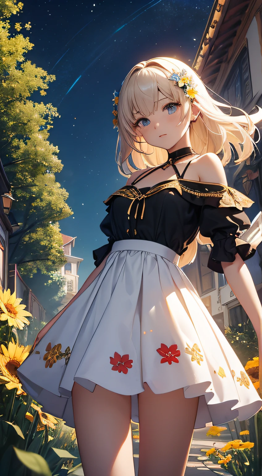 ​masterpiece、Background with（（kosmos、meteors、black hole、Fantastic flower garden with luminescent flowers））、About 20 years old、a beauty girl、爆乳、Great embroidery on a yellow mini dress with slits、No Shoulder、Exposing the chest、hair adornments、heavy wind、white panty、The skirt is turned up by the strong wind