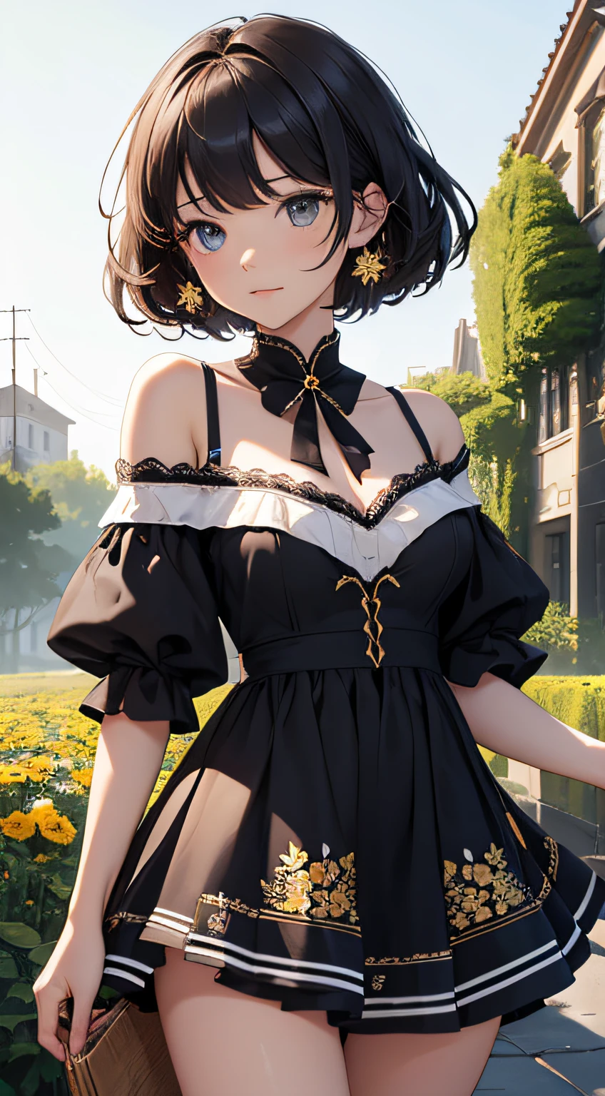 ​masterpiece、Background with（（kosmos、meteors、black hole、Fantastic flower garden with luminescent flowers））、About 20 years old、a beauty girl、爆乳、Great embroidery on a yellow mini dress with slits、No Shoulder、Exposing the chest、hair adornments、heavy wind、white panty、The skirt is turned up by the strong wind