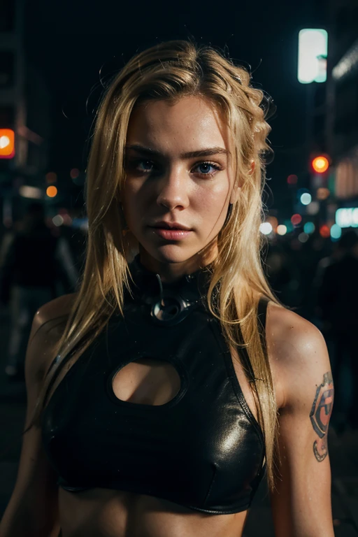 Cyborg girl, human face, human breasts, lurid, sultry, blonde hair, very long plaited pigtails, dark background, neon lights, light attenuation