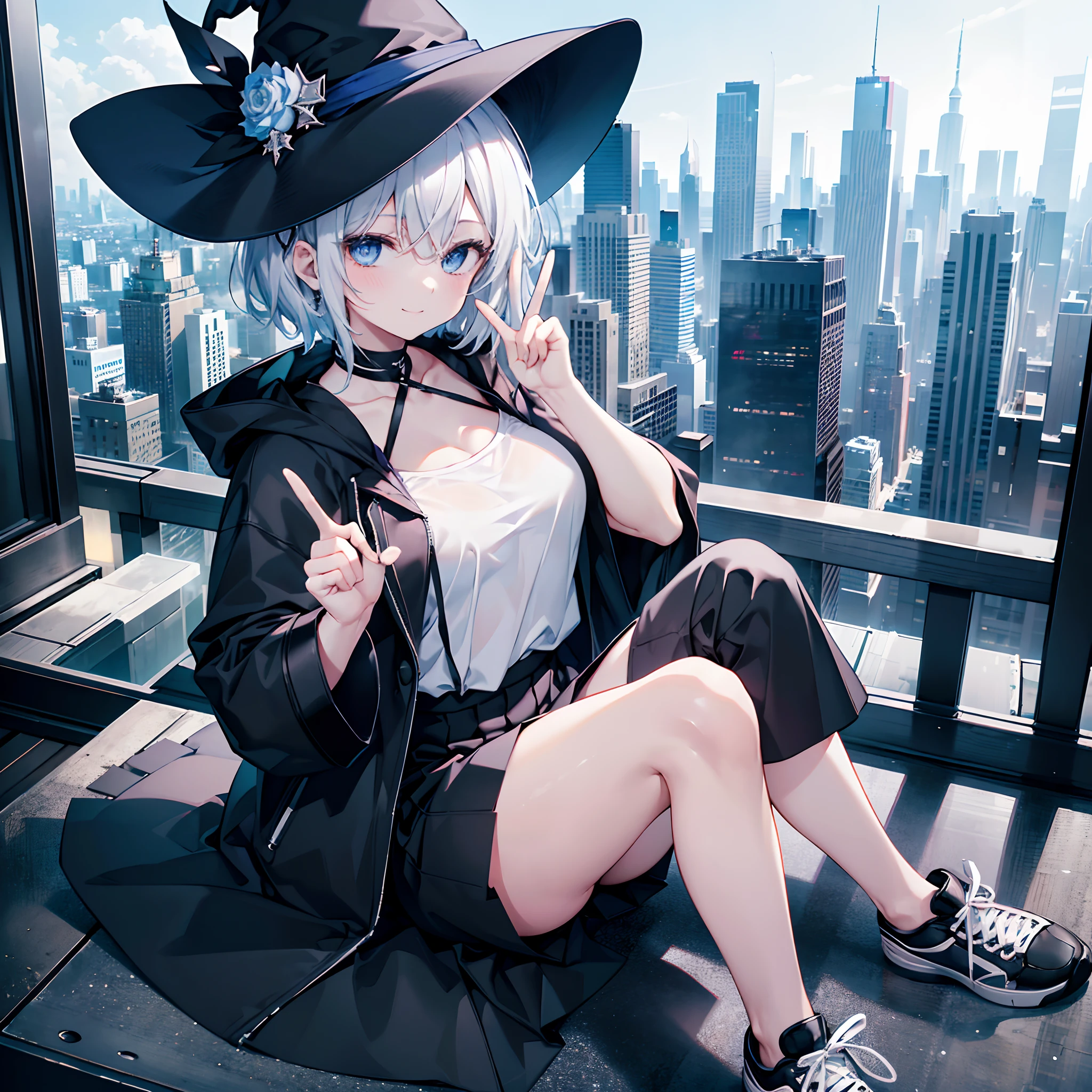 ((Masterpiece, Best Quality)), 1 woman, lavender hair, green eyes, black jacket, black wings, white shirt, black ribbon around neck, bob hair, solo, low angle, shorts, outdoor, alley, one, smile, teardrop under left eye, black beret, black dragon wings, short cut