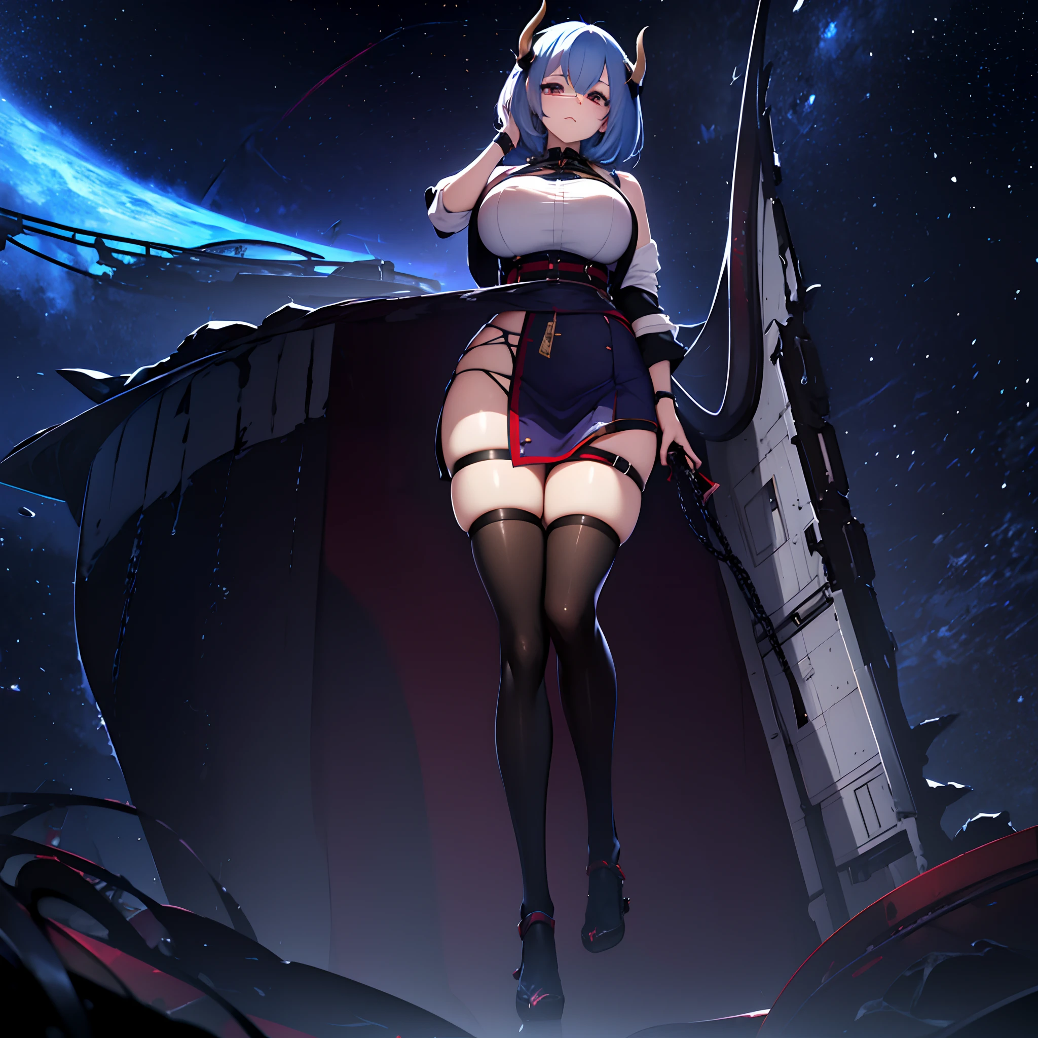 1 girl, solo, Shirogane_Noel, large breasts, blue hair with white tips, short hair, sidebangs, hair between eyes, wavy hair, hairtubes, dark red eyes, wearing glasses, horns, wide hips, curvy waist, thick thighs, cold expression, cute black blouse, purple skirt, black stockings, sitting, alien-like command-post, computer