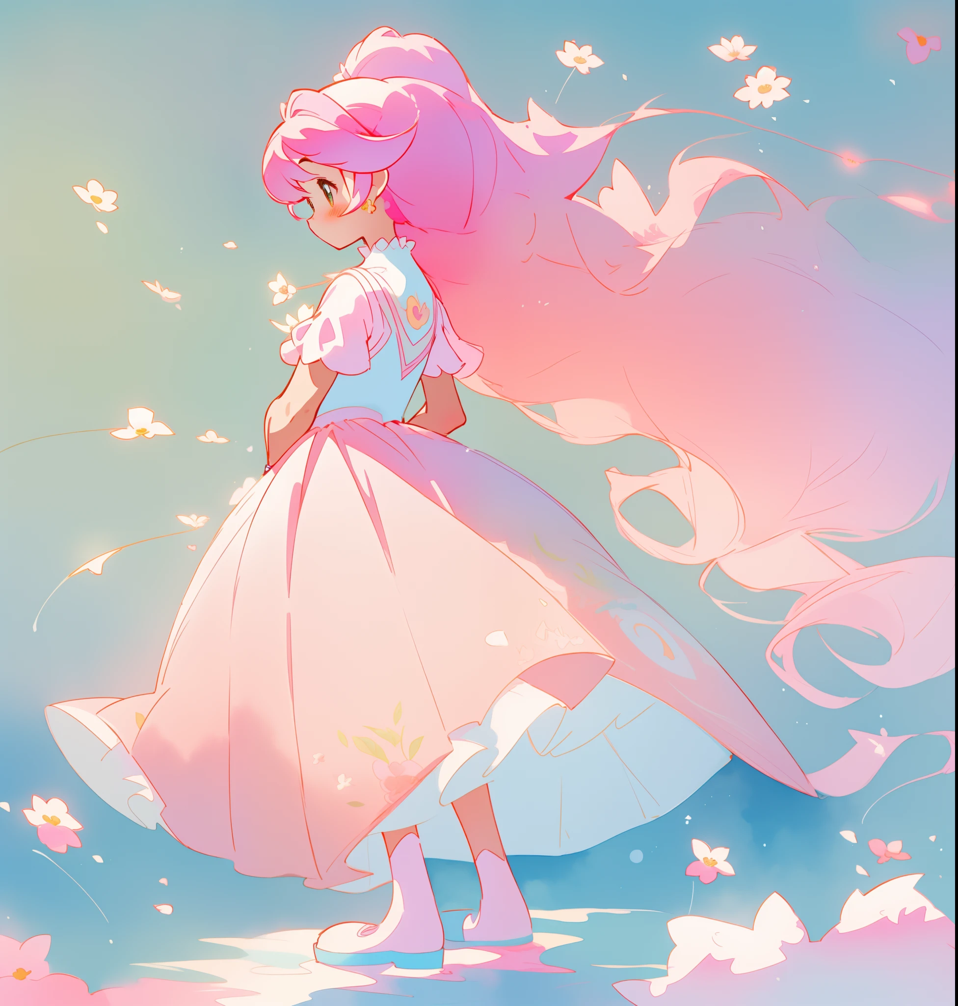 beautiful girl in white puffy tutu dress, long flowing pink peach hair, colorful fantasia background, watercolor illustration, disney art style, beautiful digital illustration, fantasia otherworldly landscape plants flowers, beautiful, masterpiece, best quality, anime disney style