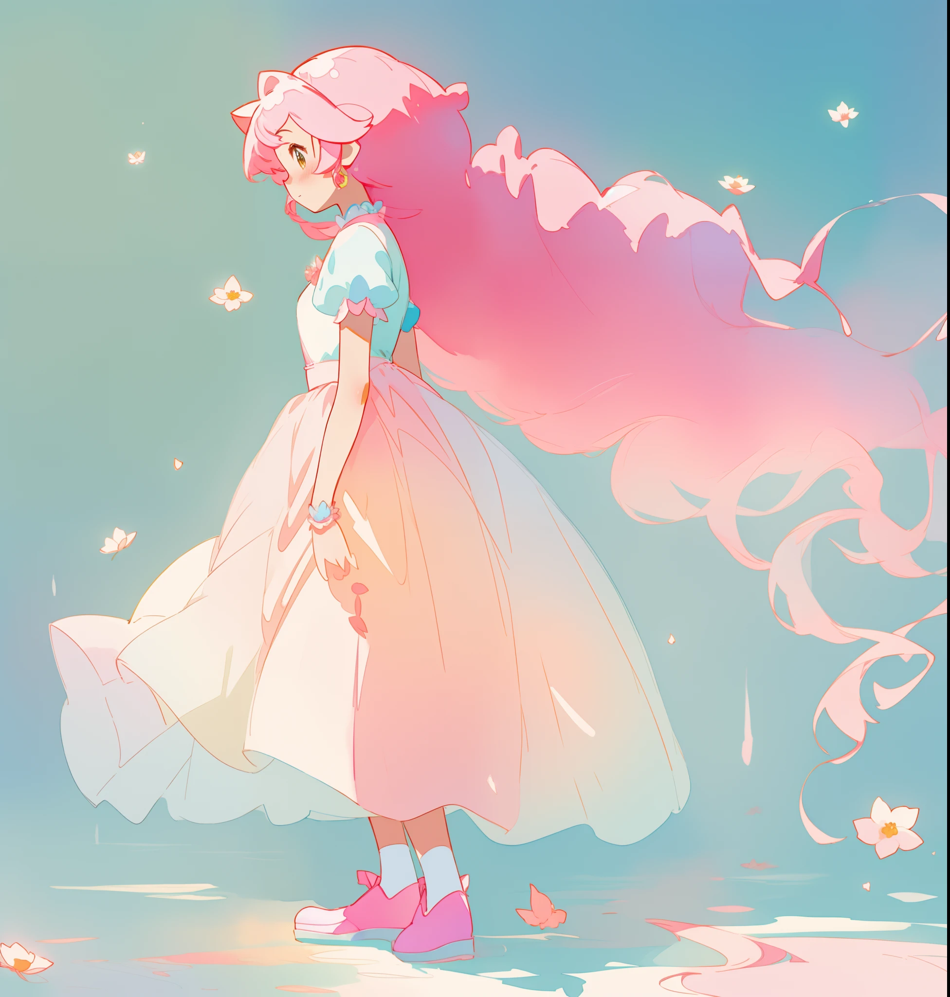 beautiful girl in white puffy tutu dress, long flowing pink peach hair, colorful fantasia background, watercolor illustration, disney art style, beautiful digital illustration, fantasia otherworldly landscape plants flowers, beautiful, masterpiece, best quality, anime disney style