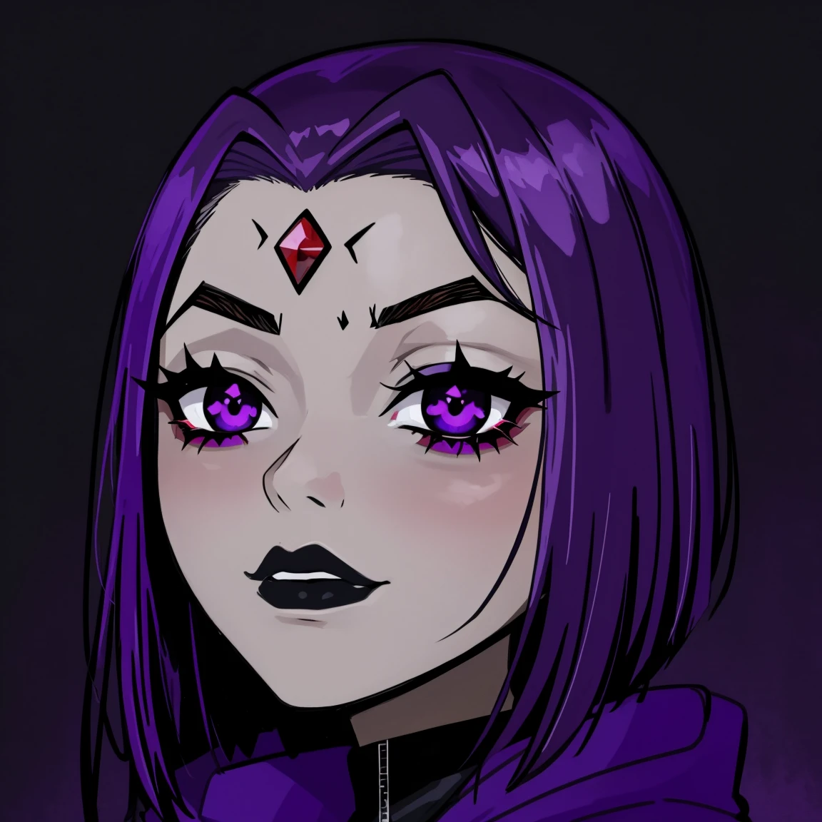 Raven, titans, hooded, goth girl, autumn forest background, detailed, detailed, detailed, beautiful, detail, goth girl, masterpiece, purple clothes, red jewel centre head, dark night background, gothic, goth, goth, detailed, goth girl, piercings, detailed face, looking viewer, raven, (Dark eye shadow) dark eye shadow, black eye shadow,