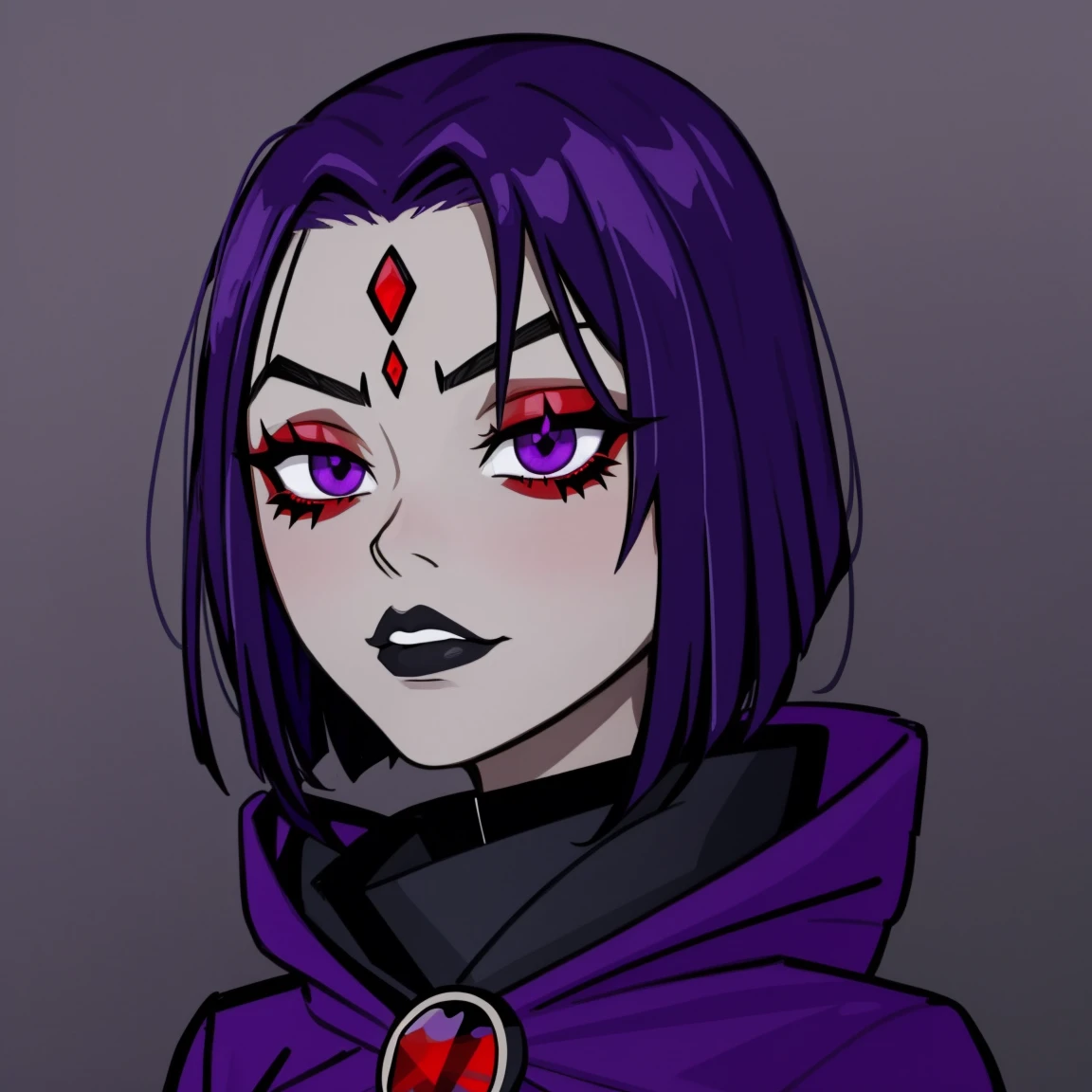 Raven, teen titans, hooded, goth girl, autumn forest background, detailed, detailed, detailed, beautiful, detail, goth girl, masterpiece, purple clothes, red jewel centre head, dark night background, gothic, goth, goth, detailed, goth girl, piercings, detailed face, looking viewer, raven, (Dark eye shadow) dark eye shadow, black eye shadow,