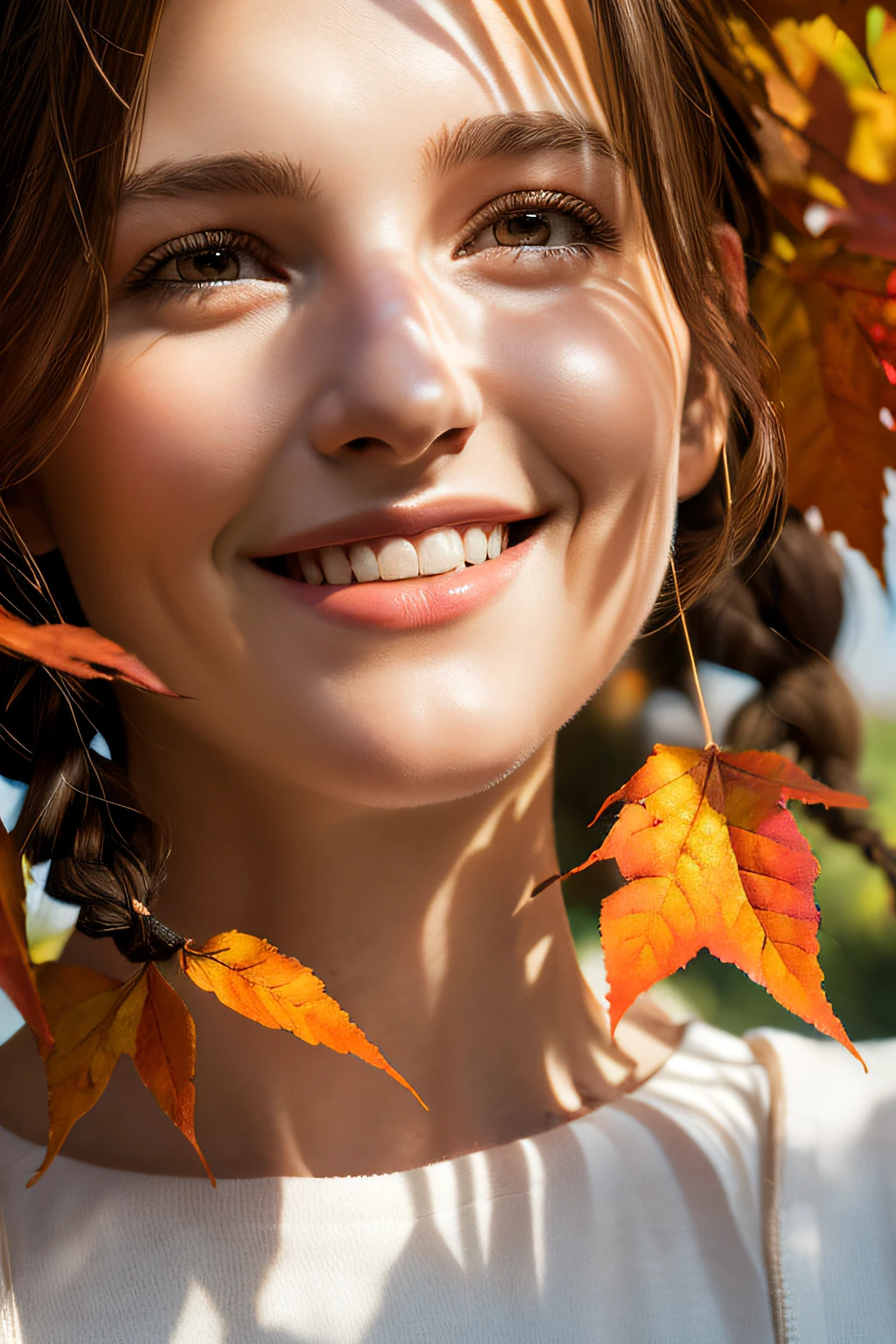 gros-plan, Beautiful woman in thumb arts style, In the park of orange leaves , By Jeremy Mann, By Sandra Chevrier, Dave McKean、by Richard Avedon、by maciej kuciara, White tank top and jeans, detaileds, 8K、With smiling eyes、Curly hair in braids、((Close-ups of faces only))