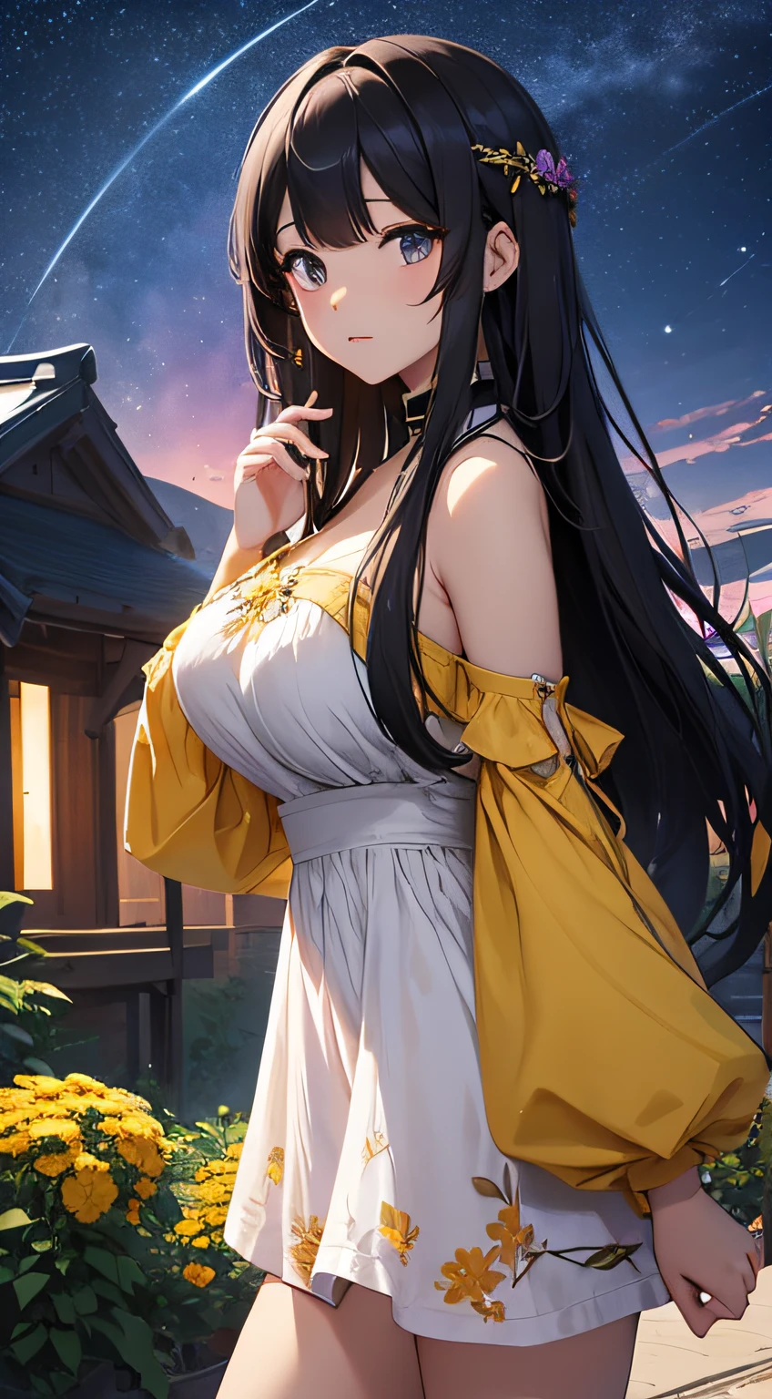 masterpiece、Background with((kosmos、meteors、black hole、Flower garden with luminescent flowers))、About 30 years old、a beauty girl、glamor、huge tit、It's so big that it almost overflows from your clothes、Great embroidery on a yellow mini dress with a lot of exposed skin、No Shoulder、Exposing the chest、Taking it off、She wears her hair in a beautiful floral ornament、heavy wind、pantiy、Underwear is visible