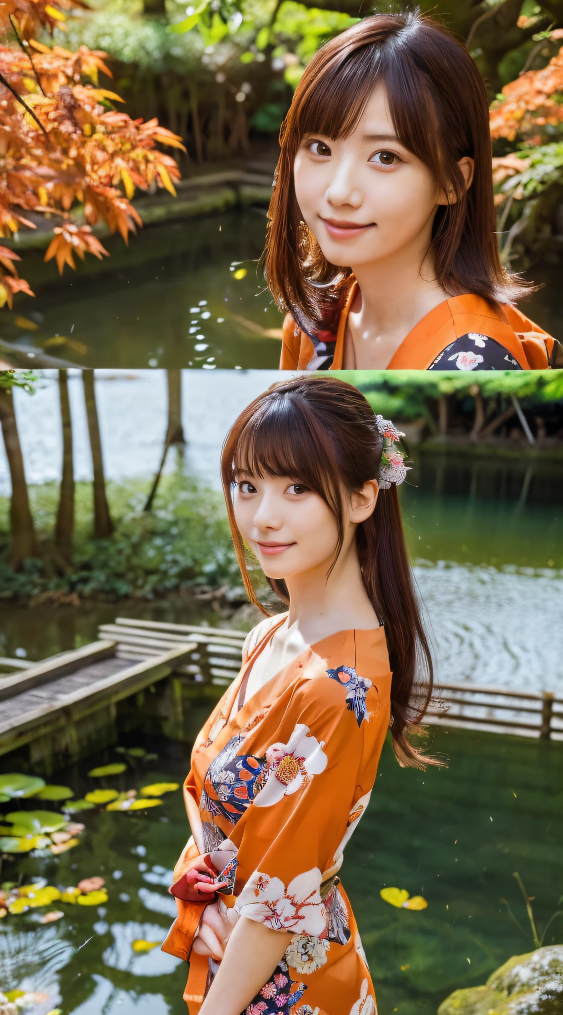 １High-quality images,masutepiece, Best Quality, Official art, 8K Wallpaper, Very detailed, Illustration, 1 girl,fullbody image, Japan style, inky, Maroon hair, Long hair, Detailed eyes, Forest Fan, Bare shoulders, lake, pure, Soft smile, (Wearing an orange yukata)With a beautiful face、Yukata with a beautiful floral pattern、A nice photo of a standing picture looking forward,