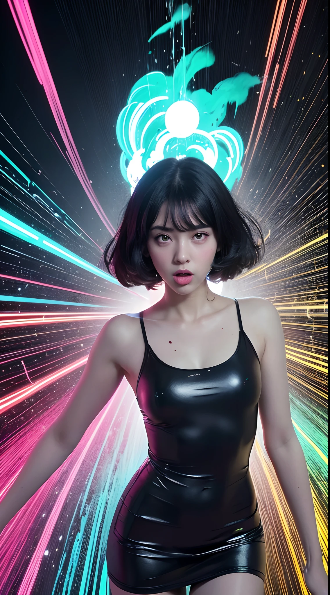 bold neon colors, cartoon style illustration of a woman as she sees the world while experiencing hallucinations, stoned, splash art, splashed neon colors, (iridiscent glowy smoke) ((motion effects)), best quality, wallpaper art, UHD, centered image, ((flat colors)), (cel-shading style) very bold neon colors, ((high saturation)) ink lines, psychodelic environment