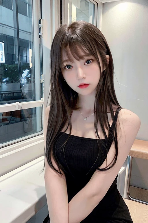 (8K、Raw photography、top-quality、masterpiece:1.2)、(realisitic、Photorealsitic:1.37)、1 girl in、16 only、cute little、adolable、(blue eyess)、(Shy smile:0.6)、(独奏)、详细的脸、oval-face、Thin almond eyes、Black hair straight、Hair over one eye、A slender、medium breasts、Casual fashion of college girls、Dramatic Angle、tilt of the head、fluorescent lamp、Inside the coffee shop、Sitting by the window、small head、(Facing the other side)、teens girl