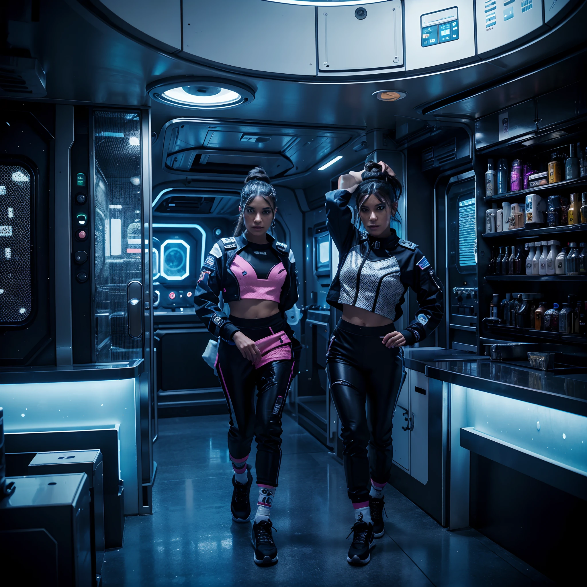 Space station crew members, futuristic scifi interior, clean sterile interior, crew members in foreground: 1.4, rave apparel:1.6, rave atendee style crew uniform: 0.8, scene hairstyle: 1.2, rave makeup: 1.4, rave clothing, rave with lots of crew members partying,