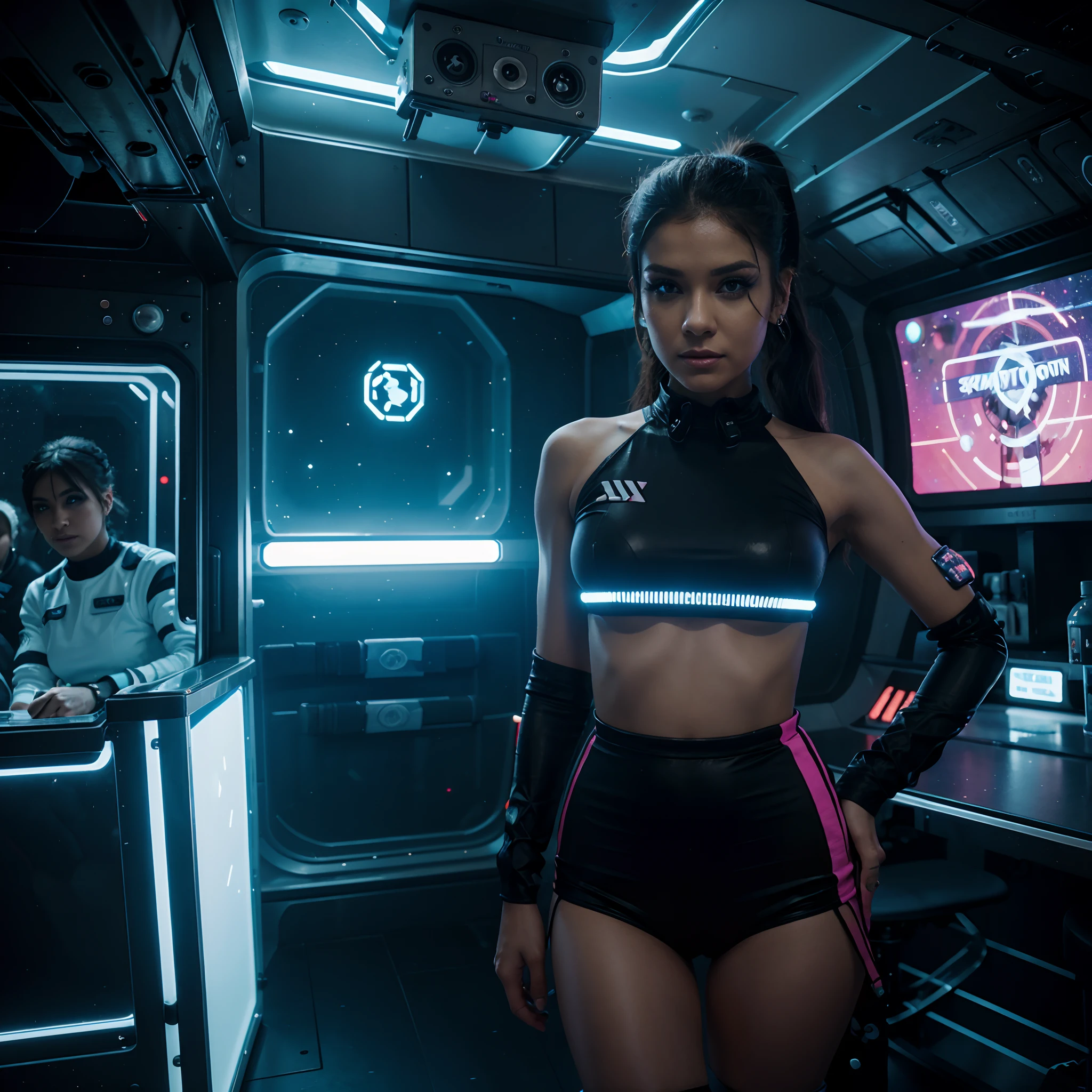 Space station crew members, futuristic scifi interior, clean sterile interior, crew members in foreground: 1.4, rave apparel:1.6, rave atendee style crew uniform: 0.8, scene hairstyle: 1.2, rave makeup: 1.4, rave clothing, rave with lots of crew members partying,