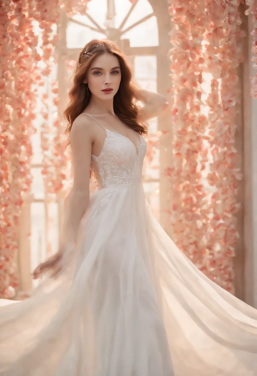 incantation：tmasterpiece，Need，1girl，exquisite facial features，s the perfect face，Normal fingers，in a long white dress，dance，full bodyesbian，The ground is covered with rose petals，Rose petals float in the air，depth of fields，The light from the back window is backlighted，Light particles flutter，Light effect，8k