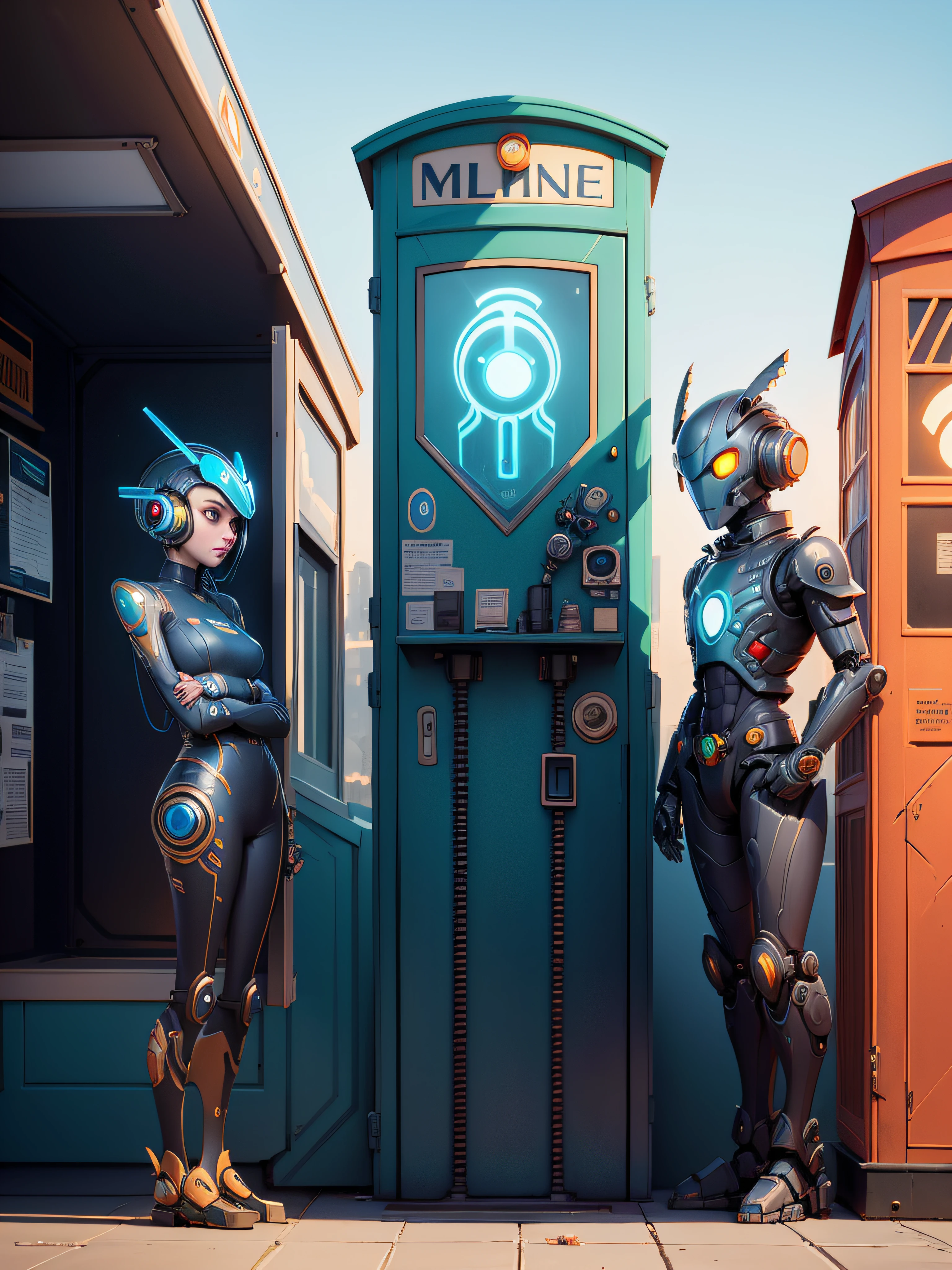 there is a robot that is standing in front of a telephone booth, android jones and rhads, by Brian Despain, inspired by Brian Despain, by Aaron Jasinski, inspired by Aaron Jasinski, sci - fi illustrations, sci-fi illustrations, by Jason Benjamin, shaun tan and peter mohrbacher, by Artur Tarnowski, by Jason Felix