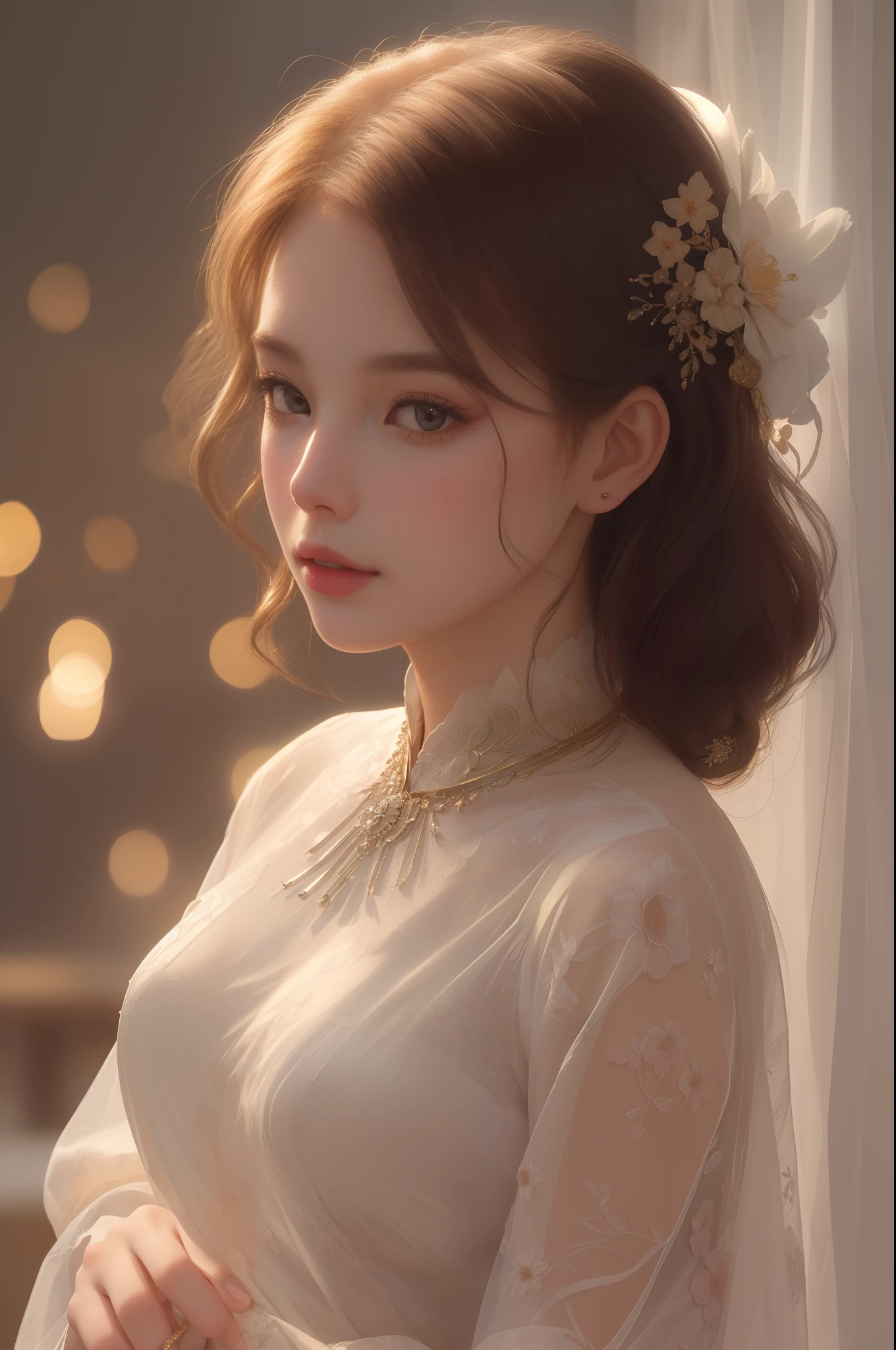 (Best quality:1.2,Masterpiece:1.2,A high resolution,1girll,china dress,Delicate hair accessories,flower ornament,Stunning necklace,Exquisite jewelry,Gentle face,Detailed body,Bokeh effect,Realistic Shading,Studio lighting,twotonelighting,High-resolution skin texture:1.2,8k ultra high definition,digital camera,Soft lighting,professional render,voluminetric lighting,Sincere expression,sportrait,A high resolution,4K,Blurred background)