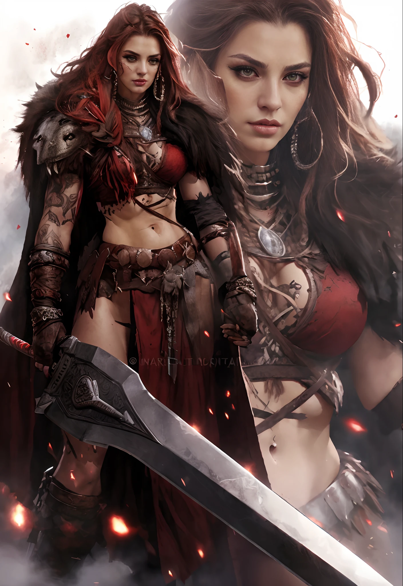 a close up of a woman with a sword and a demon, barbarian warrior woman, female barbarian, female warrior, a very beautiful berserker woman, warrior girl, very beautiful female barbarian, north female warrior, portrait of a barbarian female, epic fantasy digital art style, beautiful female warrior, warrior woman, epic digital art illustration, epic fantasy character art, fantasy warrior