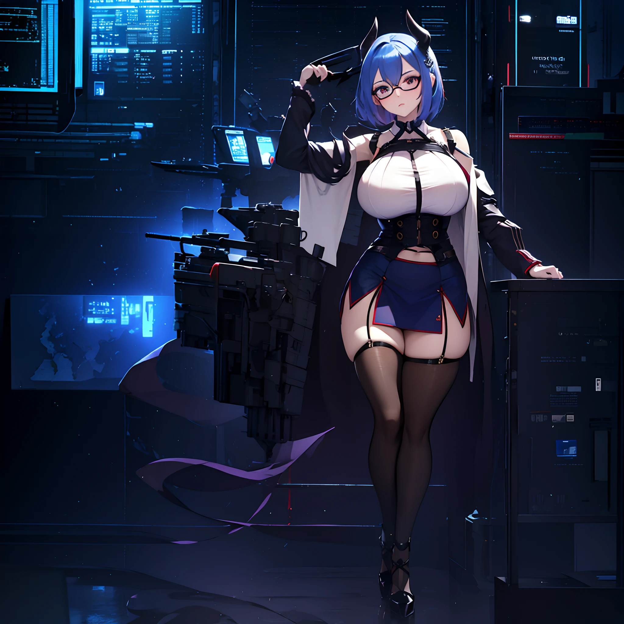 1 girl, solo, Shirogane_Noel, large breasts, blue hair with white tips, short hair, sidebangs, hair between eyes, wavy hair, hairtubes, dark red eyes, wearing glasses, horns, wide hips, curvy waist, thick thighs, cold expression, cute black blouse, purple skirt, black stockings, sitting, alien-like command-post, computer