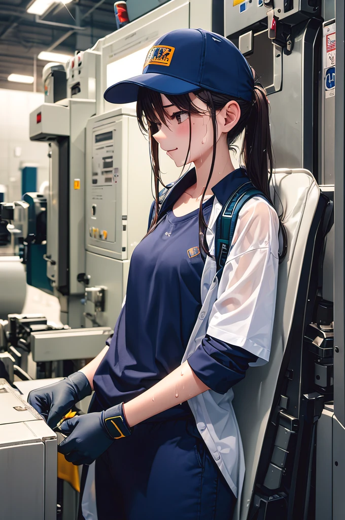 Looking away, high-detail、inside factory、Female worker、Working in front of the machine、Half of the screen with a woman's body、(Udder is small)、great laughter、Work jacket and trousers of any color、He is wearing a navy blue sports cap、gloves、Protective Goggles are hanging on their eyes、Sweat all over the body、The chest part of the jacket is open.、T-shirts of any color、You can see a T-shirt that is wet with sweat、The T-shirt is thin and the underwear is see-through、