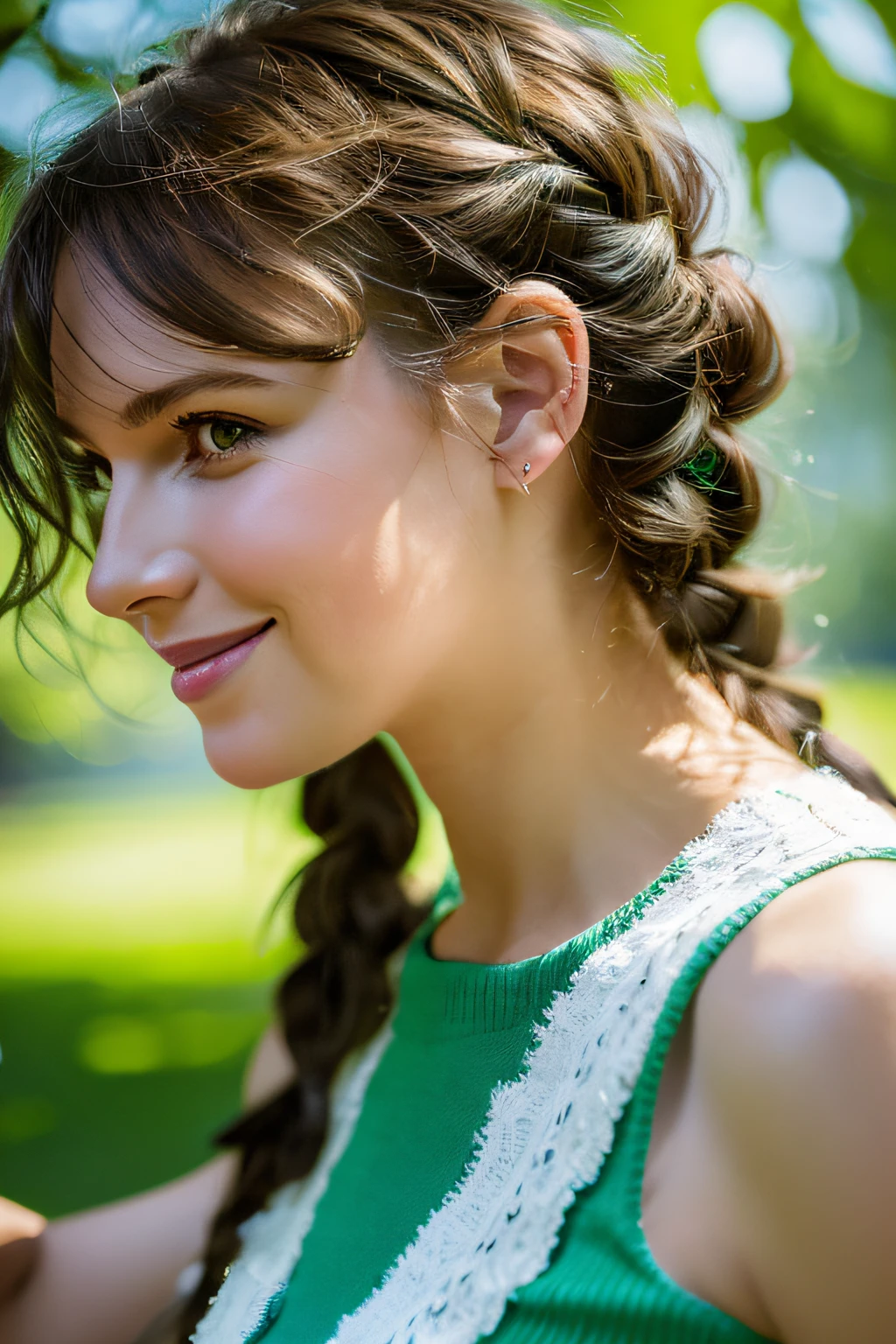 gros-plan, Beautiful woman in thumb art style, In the park of blue and green leaves , By Jeremy Mann, By Sandra Chevrier, Dave McKean、by Richard Avedon、by maciej kuciara, White tank top and jeans, detaileds, 8K、With smiling eyes、Curly hair in braids、((Close-up of face only))