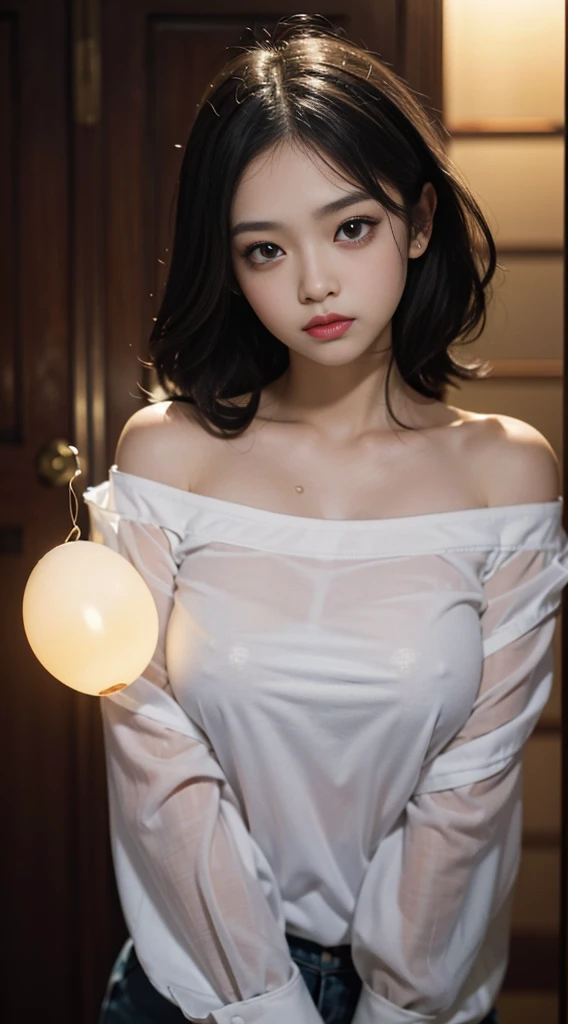 Best quality, masterpiece, super high resolution, (fidelity: 1.4), original photo, 1girl, goose egg face, big eyes, huge breasts, transparent shirt, long eyelashes, painted light makeup, off-the-shoulders, shirt, movie lighting, summer evening, heat, sweat