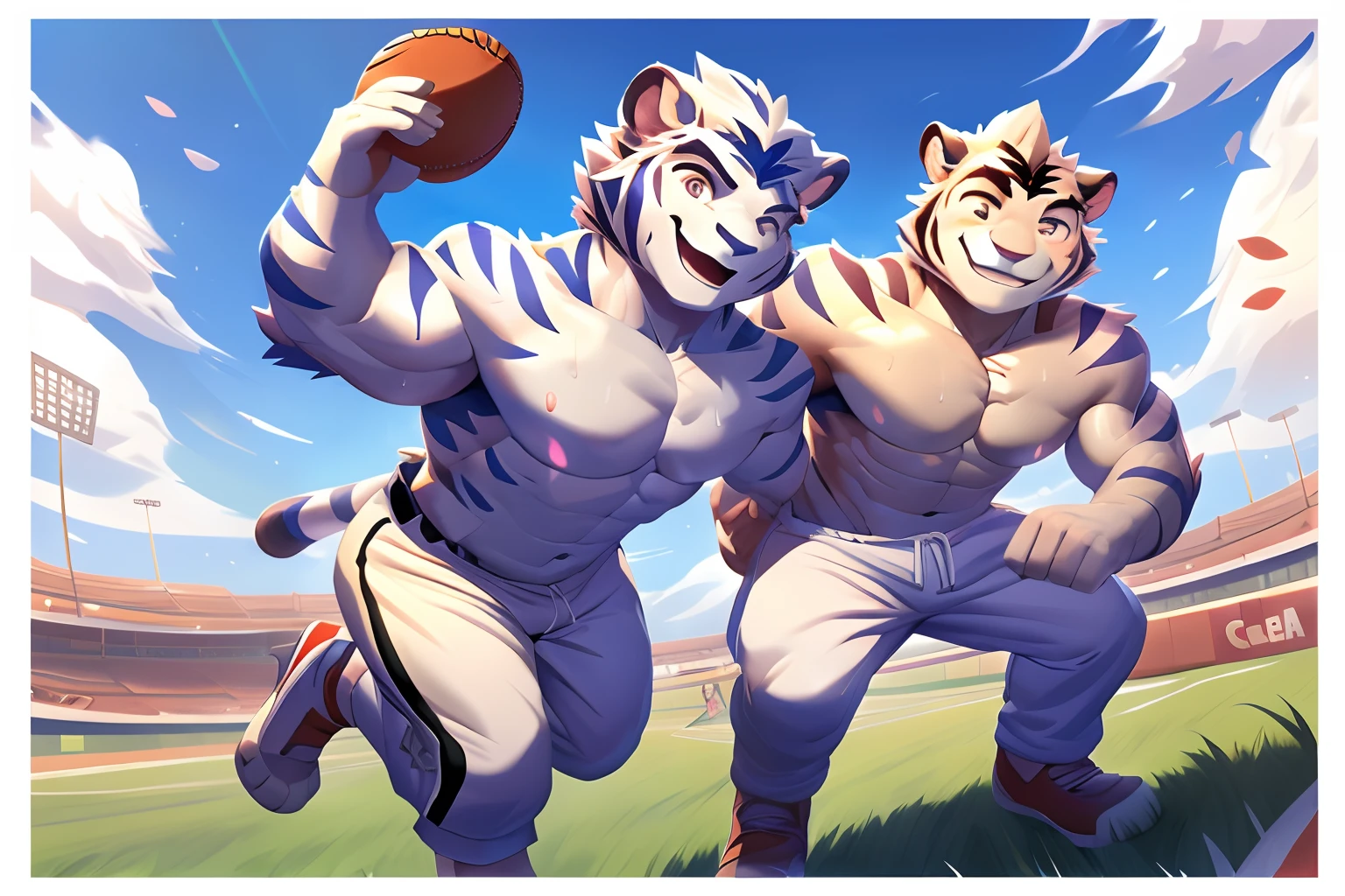 Hominidae, Pose for Camera. 4K, high resolution, Best quality, posted on e621, (Two anthropomorphic white tigers:1.2), Anthropomorphic white tiger, male people, 20yr old, Thick eyebrows, Light blue stripes, Ultra-short hair, shaggy, Strong body, large pecs, ((Shirtless)), They play softball together, Pink milk clusters, sweat leggs, White leggings sweatpants, Small raised, on a grassy field, (sport, Muscular, Heavyweight:1.2), Correct anatomy, (White background:1.1), (by Chunie, author:Taran Fidler:0.8), (Detailed eyes:1.2), Sexy, (cel-shaded:1.2), cartoon shading, Happy expression, Be red in the face, (view the viewer:1.2), Look ahead