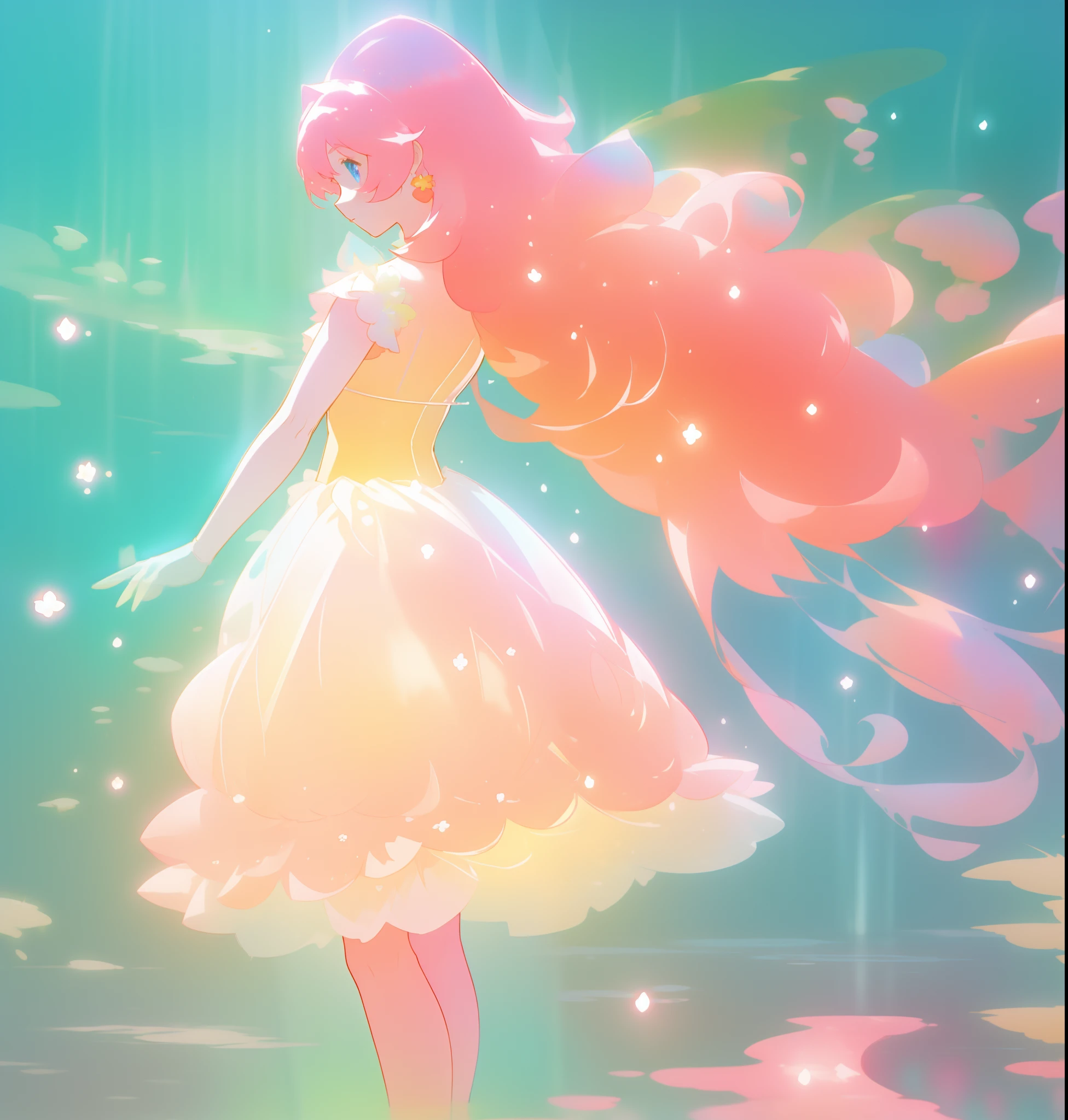beautiful girl in white puffy tutu dress, long flowing pink peach hair, colorful fantasia background, watercolor illustration, disney art style, beautiful digital illustration, fantasia otherworldly landscape plants flowers, beautiful, masterpiece, best quality, anime disney style
