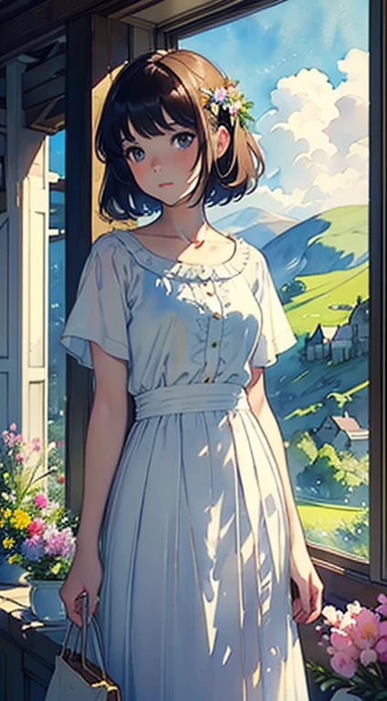 (top-quality、masterpiece)、((Watercolor in Sargent style))、(David Hamilton Style)、(softfocus)、Soft light、tiny chest、Dark brown shorthair、White blouses、White long skirt、Detailed watercolor painting of the Ochill Hills in central Scotland seen from the town of Fishcross、Exquisite details rendered...、A sea of flowers as far as the eye can see、