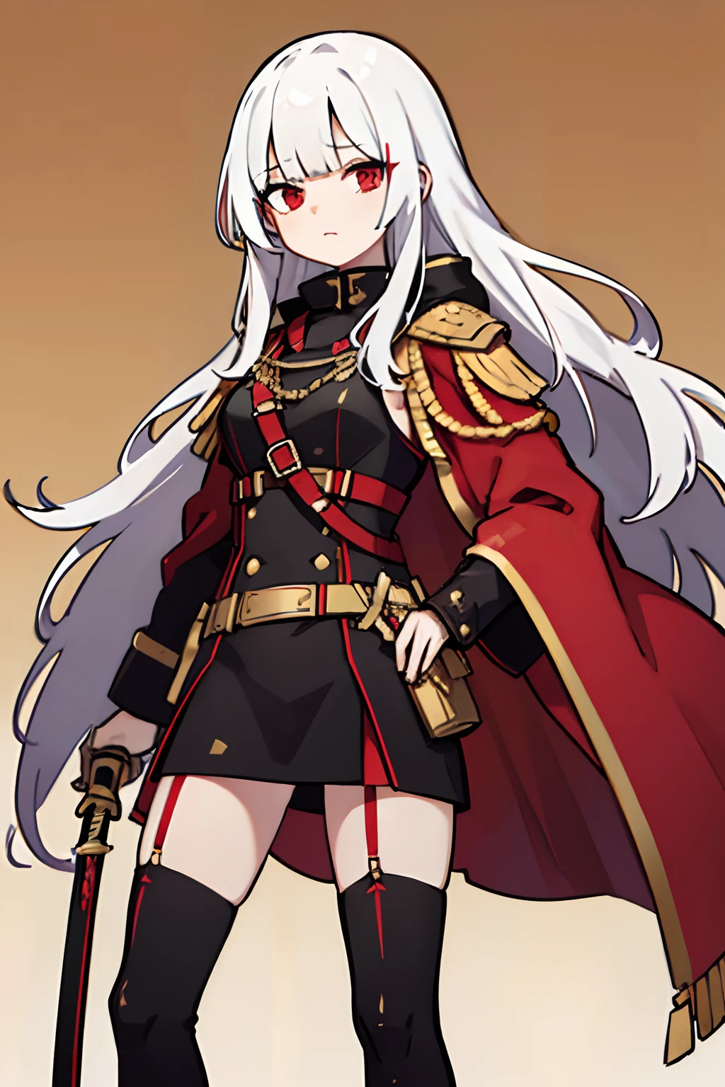 Tall girl, with white long hair, red-eyes, Hair covers the right eye, Red Officer's Cloak, Tight red uniform, Gold shoulder straps, black pant, black leather boots, Holds a sword in his legs, full length