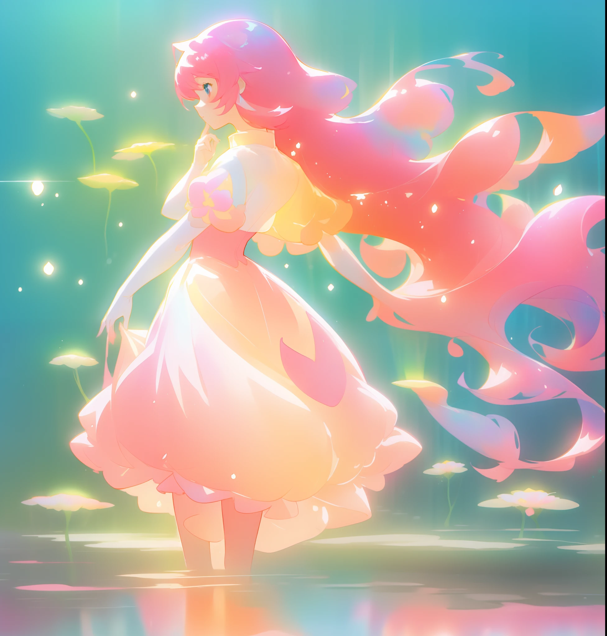 beautiful girl in white puffy tutu dress, long flowing pink peach hair, colorful fantasia background, watercolor illustration, disney art style, beautiful digital illustration, fantasia otherworldly landscape plants flowers, beautiful, masterpiece, best quality, anime disney style