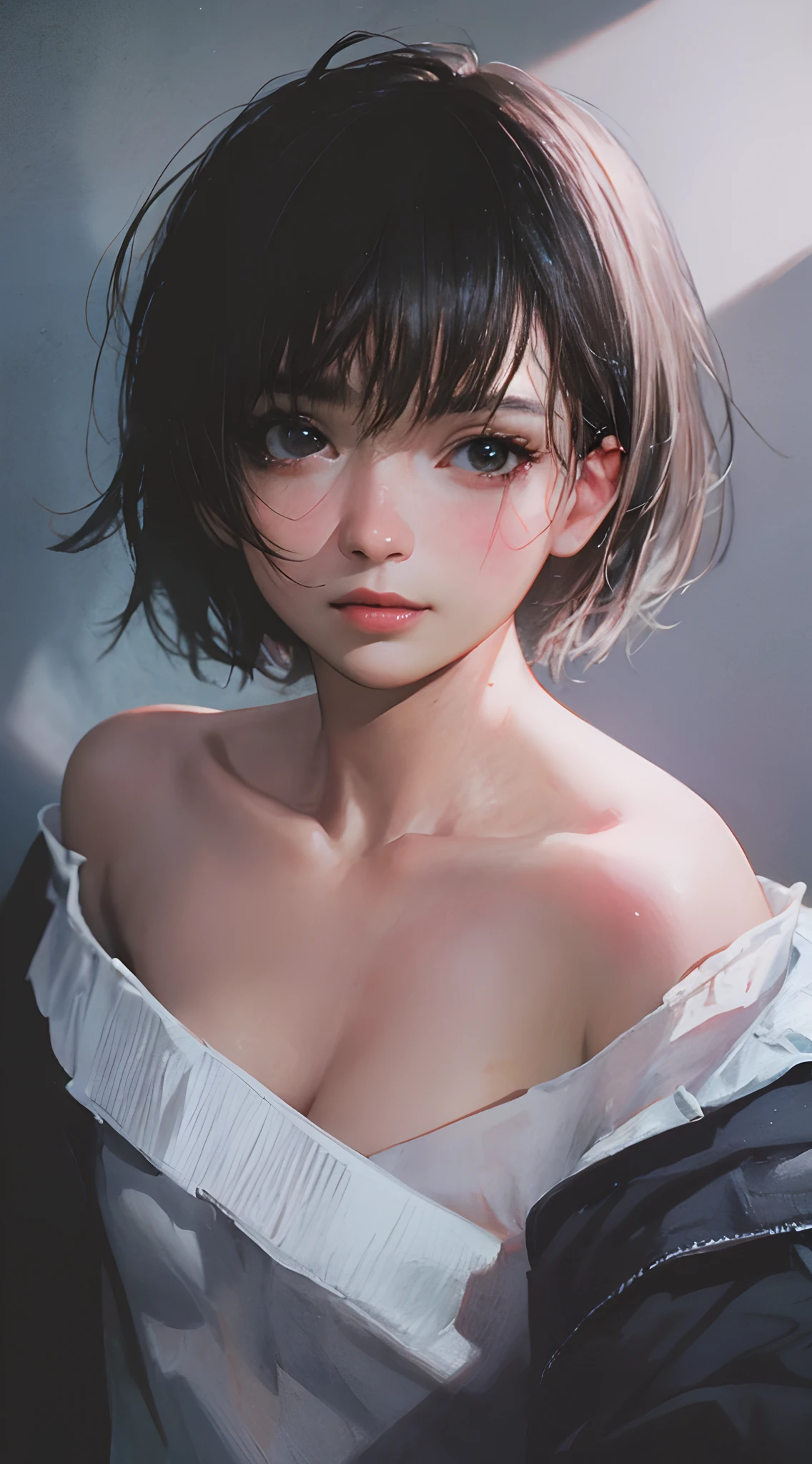 Best quality, masterpiece, ultra high res, (photorealistic:1.5), raw photo, 1girl, offshoulder, in the dark, deep shadow, low key, cold light, sexy look, short hair