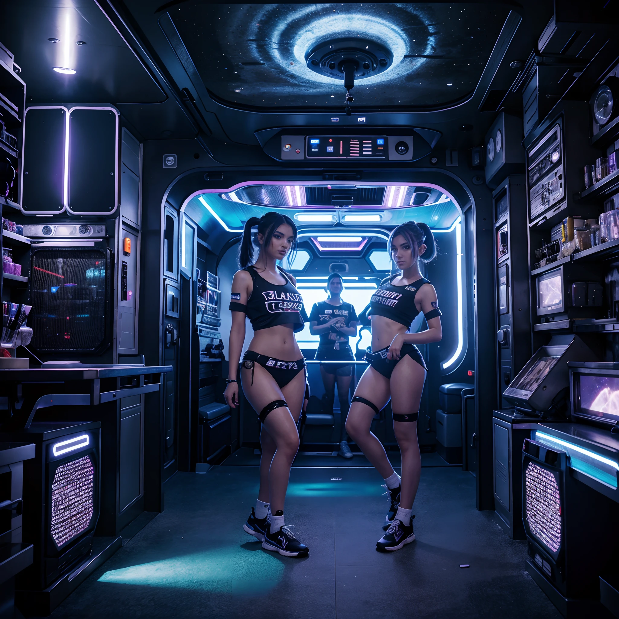 Space station crew members, futuristic scifi interior, clean sterile interior, crew members in foreground: 1.4, rave apparel:1.6, rave atendee style crew uniform: 0.8, scene hairstyle: 1.2, rave makeup: 1.4, rave clothing, rave with hundreds of crew members partying, large rave, small stage, bright neon,