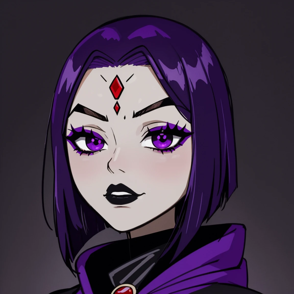 Raven, teen titans, hooded, goth girl, autumn forest background, detailed, detailed, detailed, beautiful, detail, goth girl, masterpiece, purple clothes, red jewel centre head, dark night background, gothic, goth, goth, detailed, goth girl, piercings, detailed face, looking viewer, raven, (Dark eye shadow) dark eye shadow, black eye shadow,