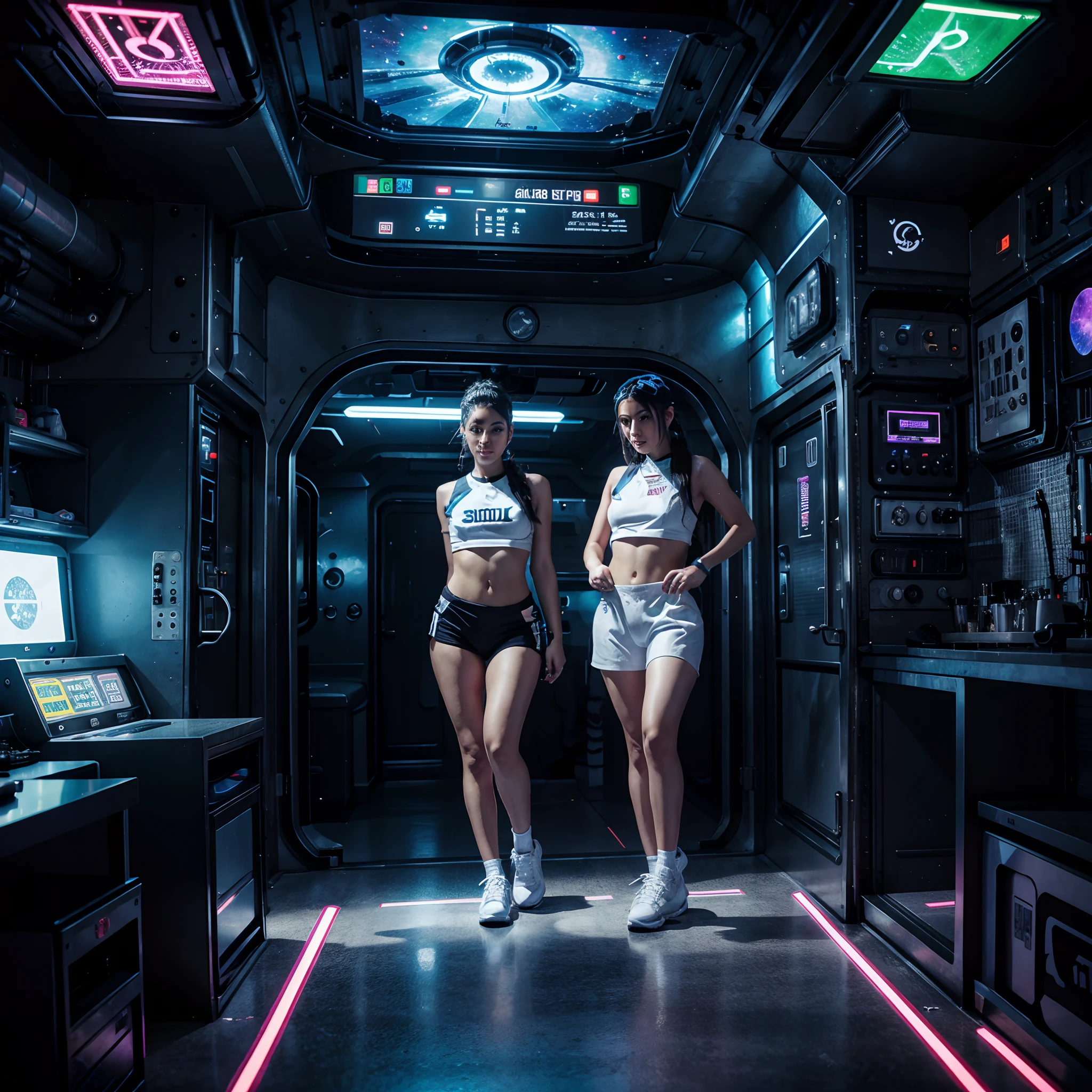 25 year old woman looks like jennifer lawrence sitting in spaceship cockpit in the space, violet hair, ponytail, no bra, shirt with all buttons, open shirt. short sleeves. huge tits, legs crossed