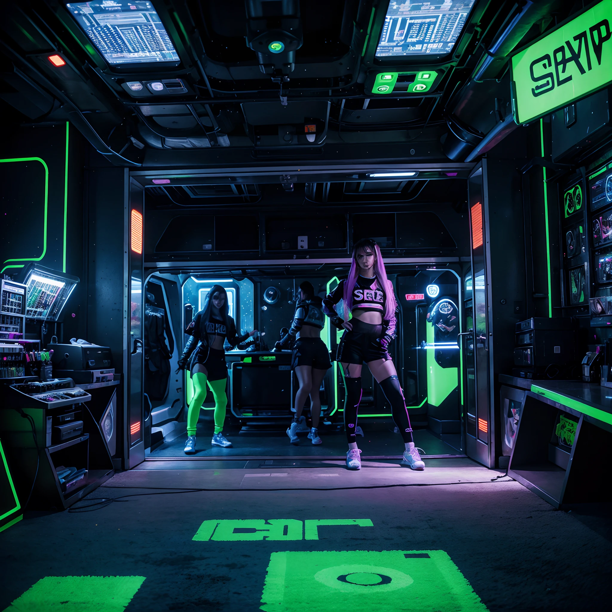 Space station crew members, futuristic scifi interior, clean sterile interior, crew members in foreground: 1.4, rave apparel:1.6, rave atendee style crew uniform: 0.8, scene hairstyle: 1.2, rave makeup: 1.4, rave clothing, rave with hundreds of crew members partying, large rave, small stage, bright neon,