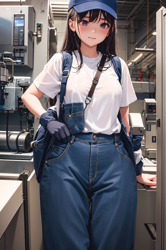 Looking away, high-detail、inside factory、Female worker、Working in front of the machine、Half of the screen with a woman's body、(Udder is small)、great laughter、Work jacket、Work pants、Wearing a navy blue cap、gloves、Hanging protective goggles、Sweat all over the body、You can open the chest part of the jacket to see the T-shirt、You can see through the T-shirt and the underwear thinly.、