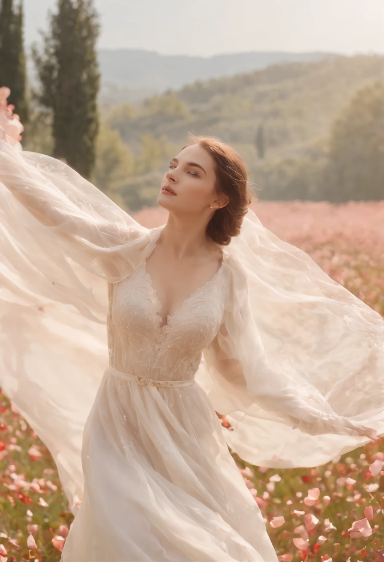 incantation:tmasterpiece,Need,1girl,exquisite facial features,s the perfect face,Normal fingers,in a long white dress,dance,full bodyesbian,The ground is covered with rose petals,Rose petals float in the air,depth of fields,The light from the back window is backlighted,Light particles flutter,Light effect,8k