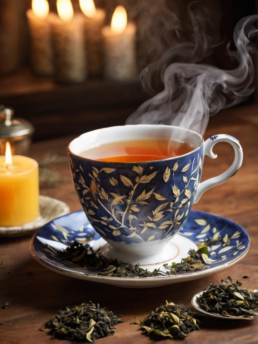 a cup of hot tea,steam rising from the cup,delicate ceramic teacup,beautifully detailed tea leaves,fragrant tea aroma,(best quality,highres,masterpiece:1.2),vibrant colors,soft lighting,warm and cozy atmosphere,relaxing ambience