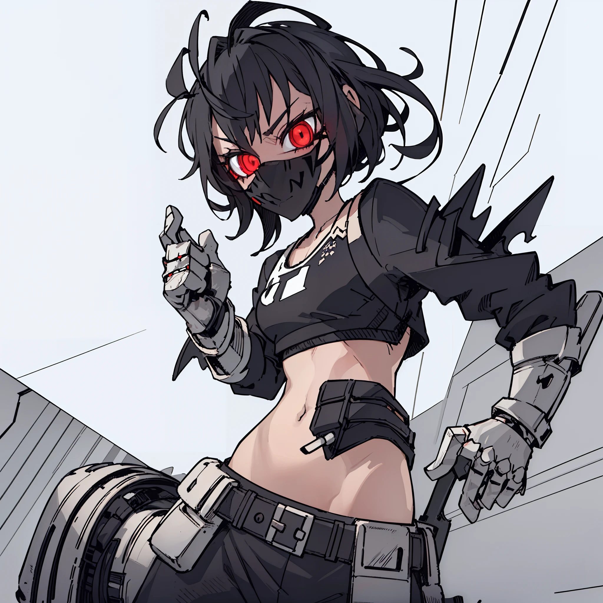 A girl frontal,((full bodyesbian,whaite hair,short detailed hair,messy hair,Combat suit crop top,White-skinned demons)),Tall figure, grim eyes,black masked,with a pure white background,Four Red Devil Corners,minimalistic background,Solo,Half-body diagram