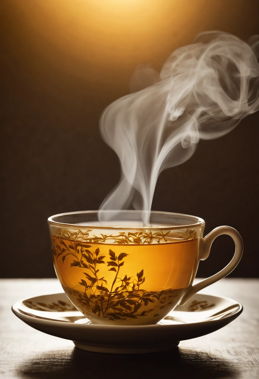 hot tea,steaming cup of tea,slowly rising steam,aroma of tea leaves,beautifully brewed tea,delicate porcelain tea cup,texture and patterns on tea cup,swirling liquid,rich golden color,tea leaves floating in cup,lightly sweetened,subtle hints of floral notes,warm and comforting,cozy and relaxing ambiance,soft lighting,tranquil atmosphere,gentle steam curling upwards,serene reflection of the cup on the table,subtle steam diffusing in the air,peaceful moment,quiet solitude,enjoying the warmth of the tea in hands,feeling the soothing effect,the tea is sipped slowly,slow and steady pace,warmth spreading from within,the world around fades away,natural tranquility,sipping tranquility and warmth.