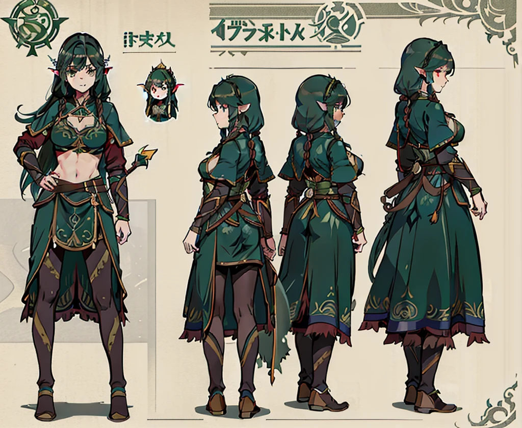 1Woman, reference sheet, matching outfits, (fantasy character design, front, backboob, side, rear) Elven Ranger. Movable body, Thin breasts. Forest Green Eyes. flowing long brown hair, Adorned with delicate braids, Natural Ornaments. light leather armor, Elven armor, quiver of arrows.