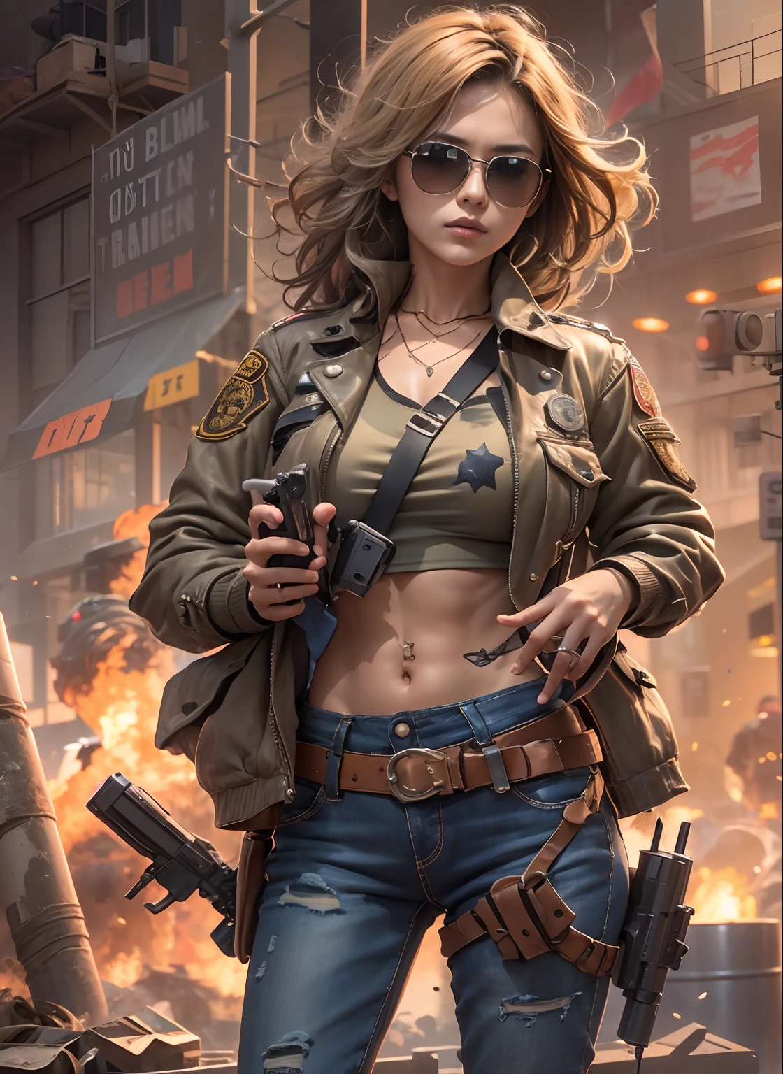 PR for Drama, Big City Detective, Medium-breasted women,Sunglasses, Blue denim trousers, Holster and magazine on belt, Brown leather jacket, rivet, Police officer badge on chest、tshirts, rivet, explosions, gun fight , Just one body, Risking your life、Secret bases of terrorists、Dim concrete room、(Guns in detailed detail、Accurately draw the fingers of the hand)、Shooting machine guns