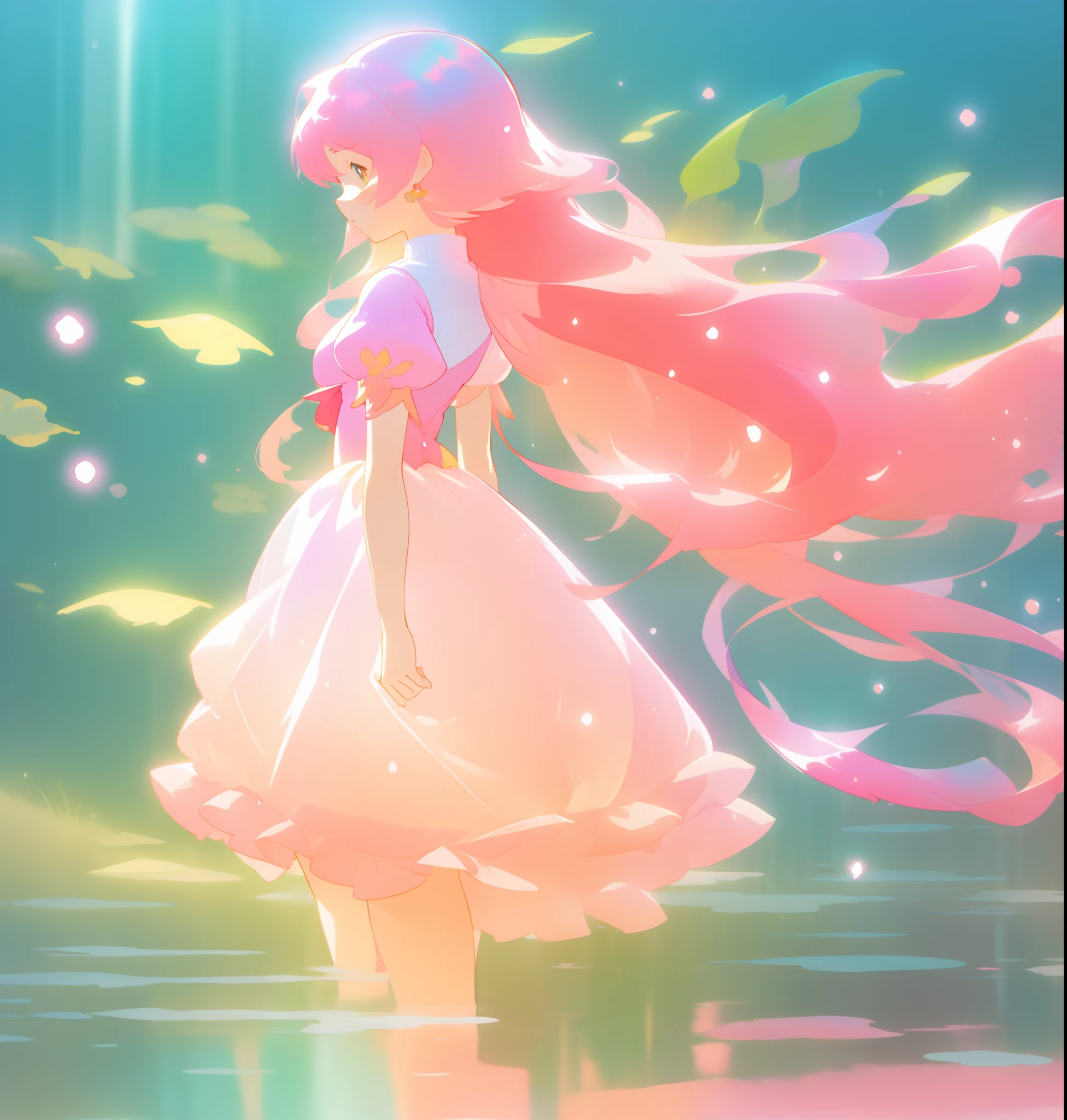 beautiful girl in white puffy tutu dress, long flowing pink peach hair, colorful fantasia background, watercolor illustration, disney art style, beautiful digital illustration, fantasia otherworldly landscape plants flowers, beautiful, masterpiece, best quality, anime disney style