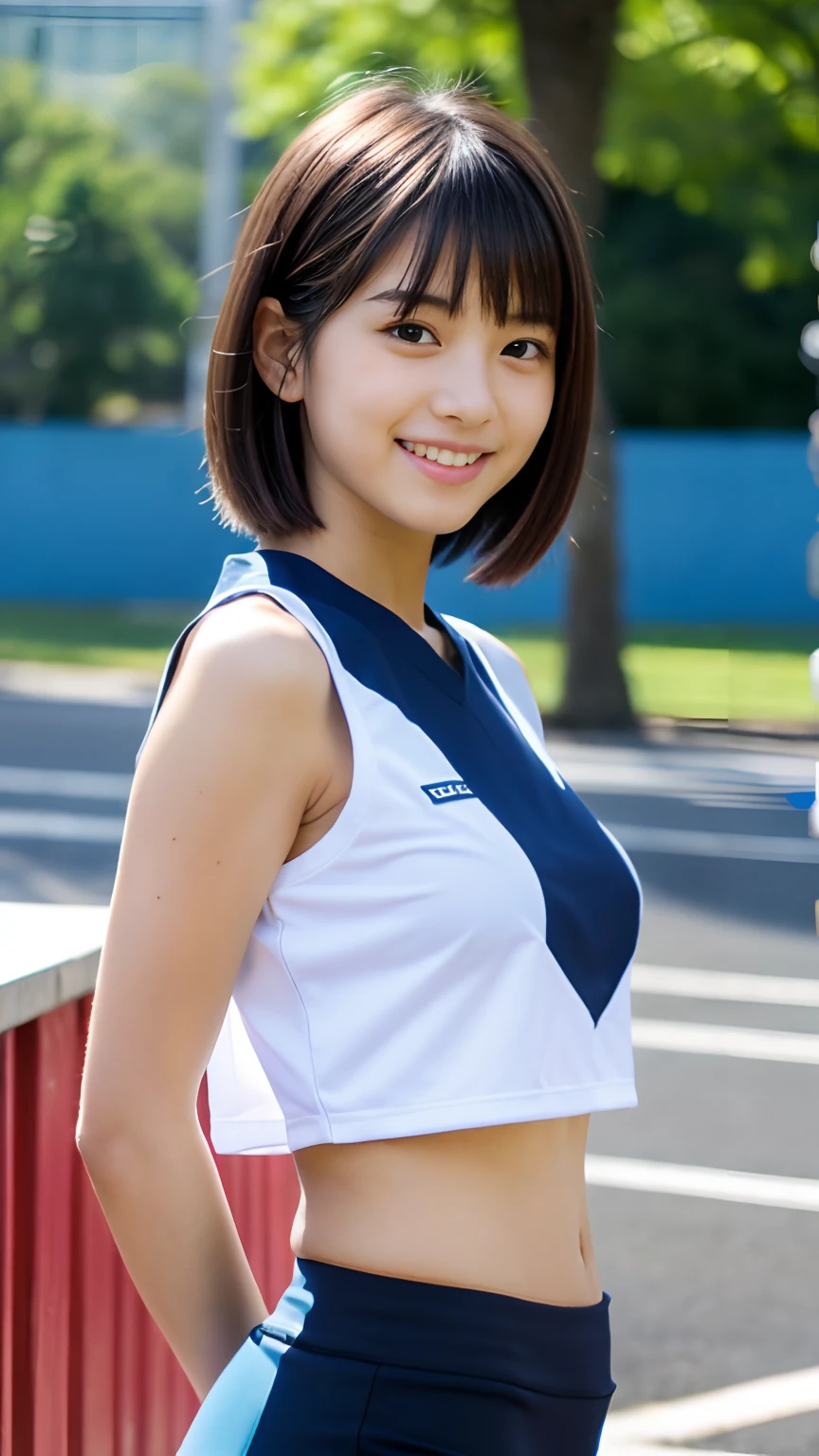 Japanese Girls、cute、Brown Hair、((Short Bob Hair、Deep blue eyes:1.2))、Shiny and smooth hair、Thick bangs、(A thoughtful smile:1.2), Very detailed顔と目,Highest quality, Ultra-high resolution,Ultra-realistic shiny skin、Very detailed, 8K, RAW Photos, Perfect Anatomy、White gym clothes、Volleyball uniform:1.4,Cityscape、
