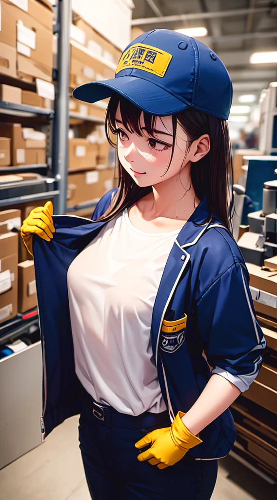 Looking away, high-detail、inside factory、70 of the female body screens%extent、Small breasts、Female worker、great laughter、Work jacket、Work pants、Wearing a navy blue cap、gloves、protective goggles、Sweat all over the body、You can open the chest part of the jacket to see the T-shirt、