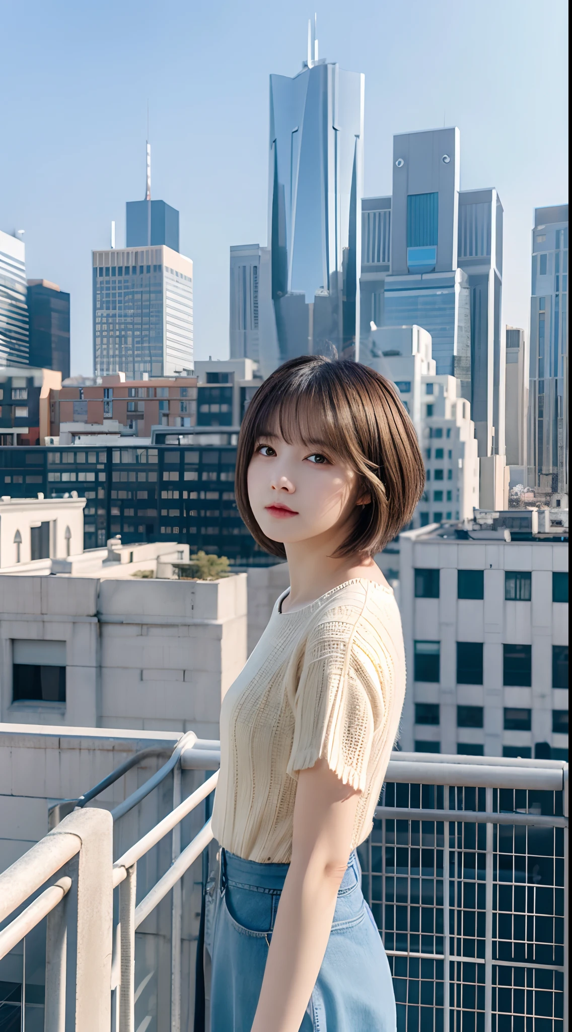 high detailing, Clarity,Super beautiful woman image,  younggirl, 18 years old, Light gray hair, Short haircut, Yellow eyes, Stand on top of a building, Realism, Fantasy,fully body photo、Urban cityscape,