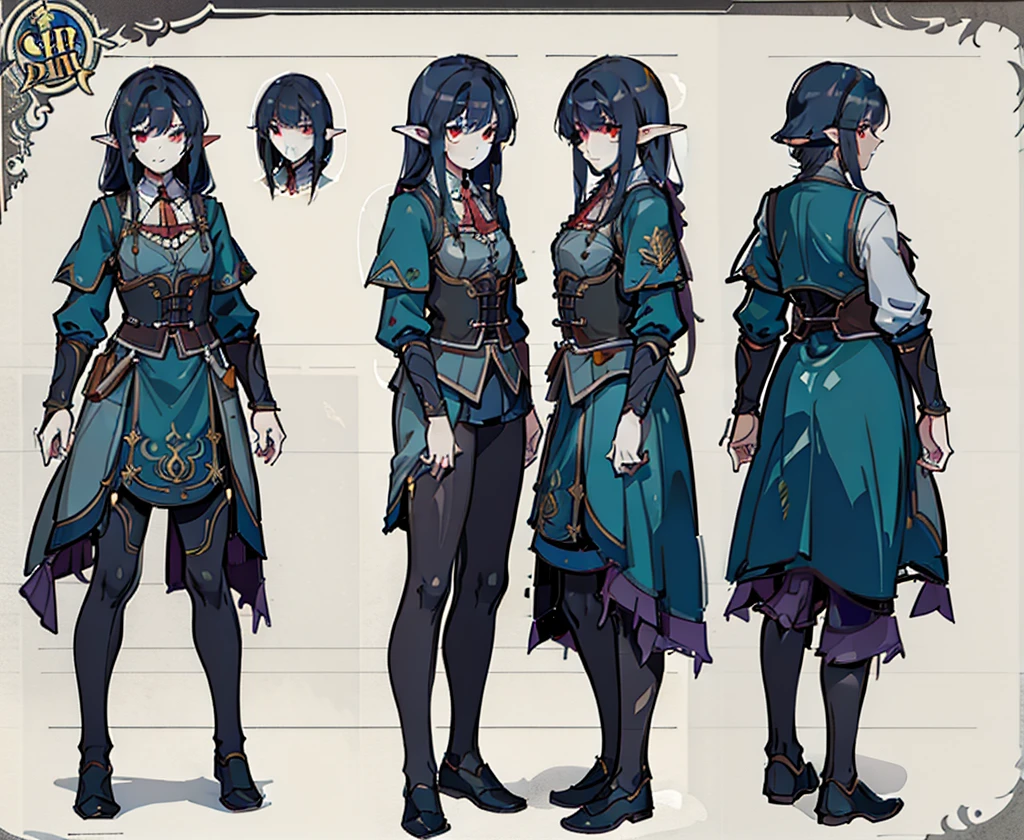 ((Masterpiece, Highest Quality)), Detailed Face, Character design sheet， full bodyesbian, Full of Details, frontal view, Rear view of the torso, Highly detailed, depth, many details, ((character concept art)), ((Character design sheet, same character, front, side)) Video game character design, Rolois, half-elf, Arrogant, Dark hair, waistcoat, long sleeves, pale skin, sword, scar on face