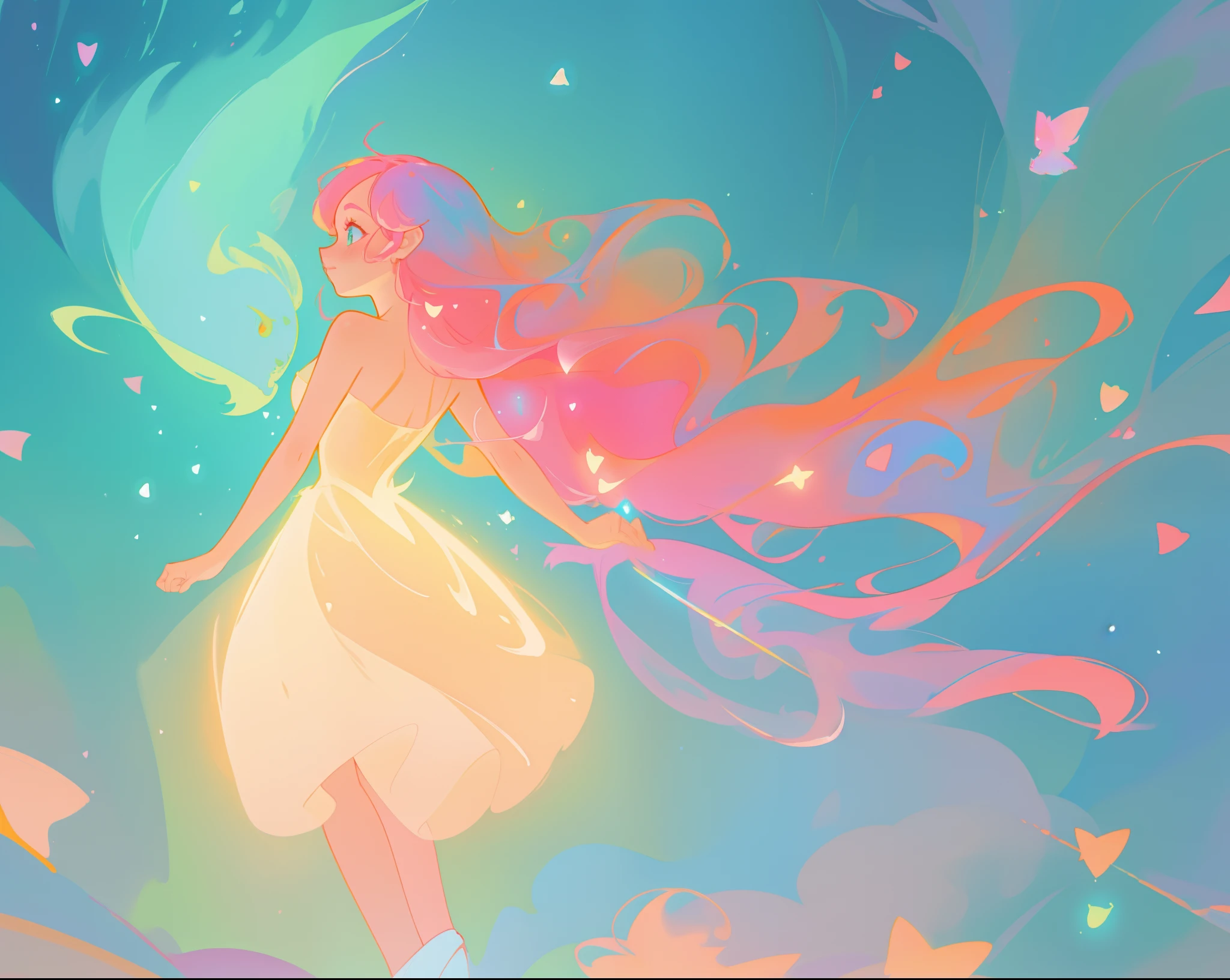 beautiful girl in puffy white tutu dress, vibrant pastel colors, (colorful), magical lights, long flowing pink hair, inspired by Glen Keane, inspired by Lois van Baarle, disney art style, by Lois van Baarle, glowing aura around her, by Glen Keane, jen bartel, glowing lights! digital painting, flowing glowing hair, glowing flowing hair, beautiful digital illustration, fantasia background, whimsical, magical, fantasy, beautiful face, ((masterpiece, best quality)), intricate details, highly detailed, sharp focus, 8k resolution, sparkling detailed eyes, liquid watercolor
